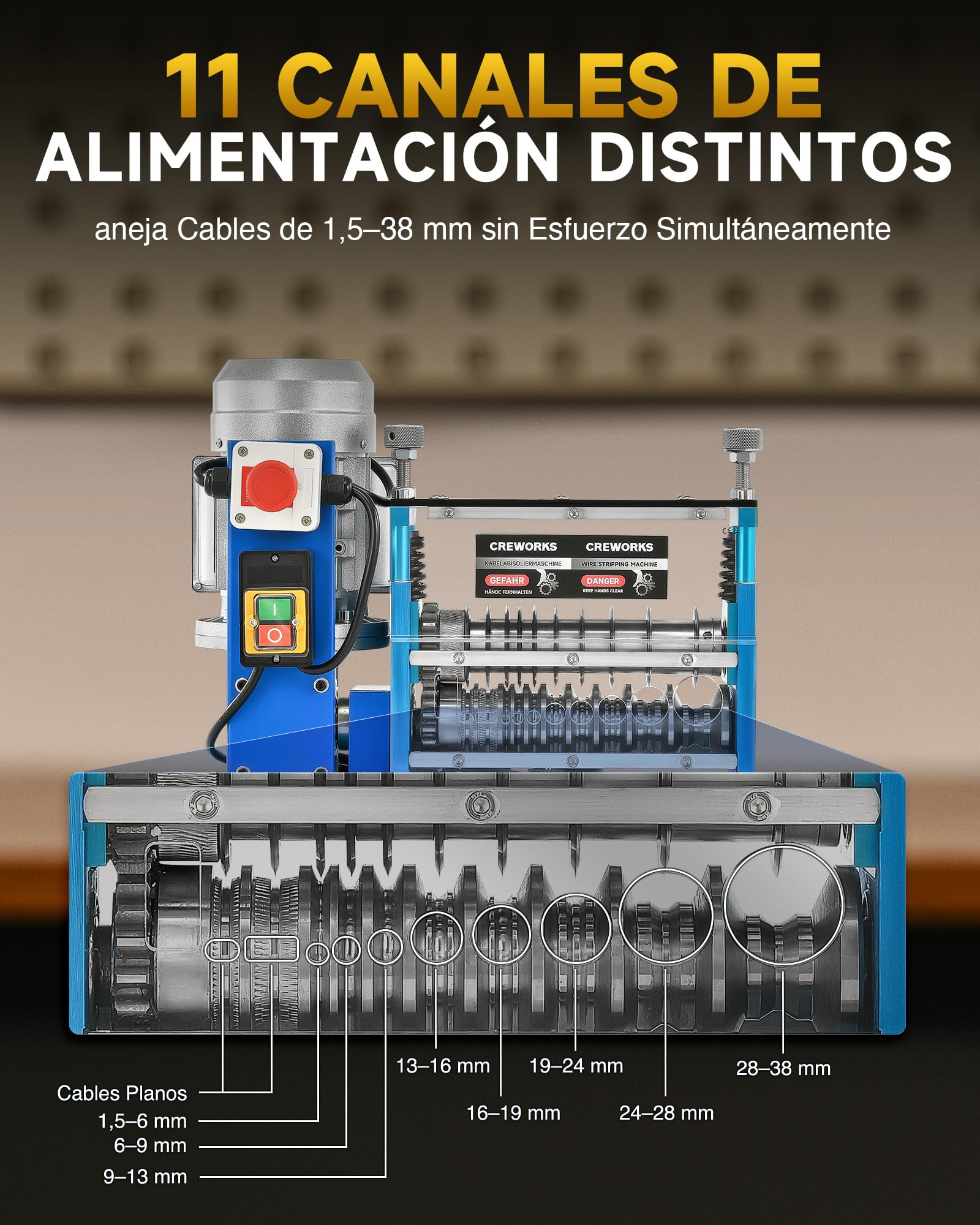 CREWORKS 370W Máquina de Pelar Cables de 1.5mm-38mm Pelacables Automático con 11 Canales Máquina de Pelacables Automática para Reparación, Remodelación y Reciclaje