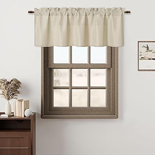 Hiasan Faux Linen Valance Curtains for Kitchen, Light Filtering Rod Pocket Farmhouse Window Valance for Living Room Bedroom Basement, Beige, 42 x 18 Inches Length, 1 Panel