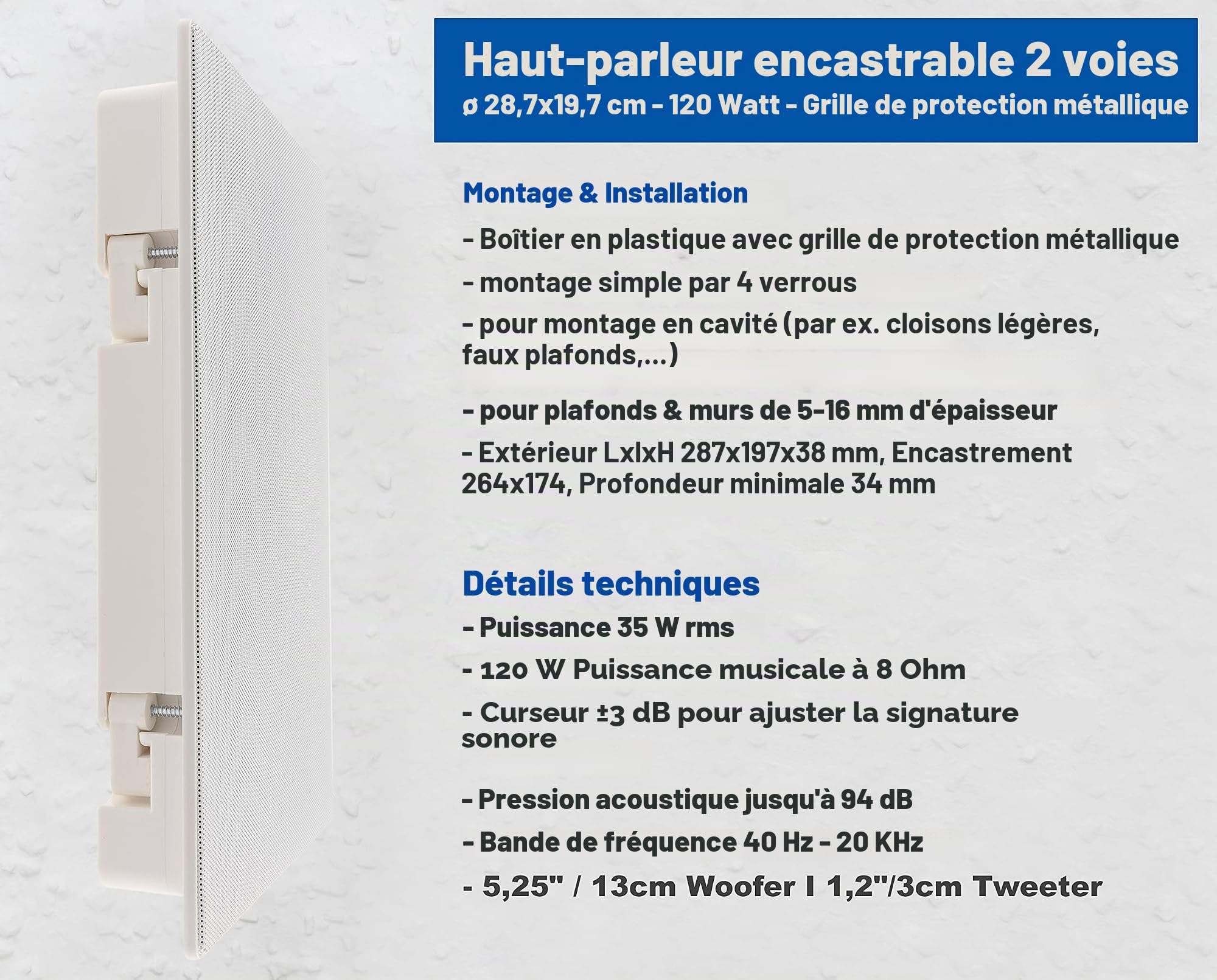 Haut-Parleur Encastrable 2 Voies 120 W 34 mm Blanc pour Plafond Mural HiFi Home Cinéma