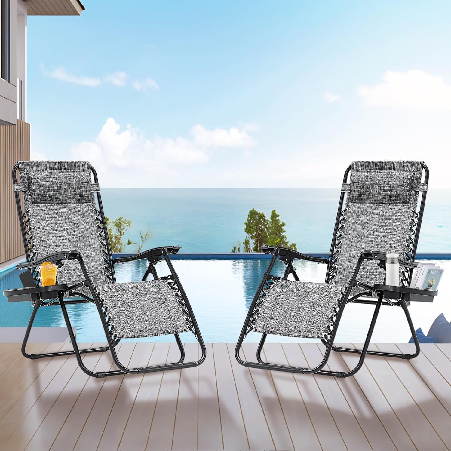 Zero Gravity Chairs Set of 2, Reclining Camping Chair with Adjustable Pillow and Cup Holder Trays, Reclining Folding Outdoor Chairs for Poolside Backyard and Beach (Gray-2)