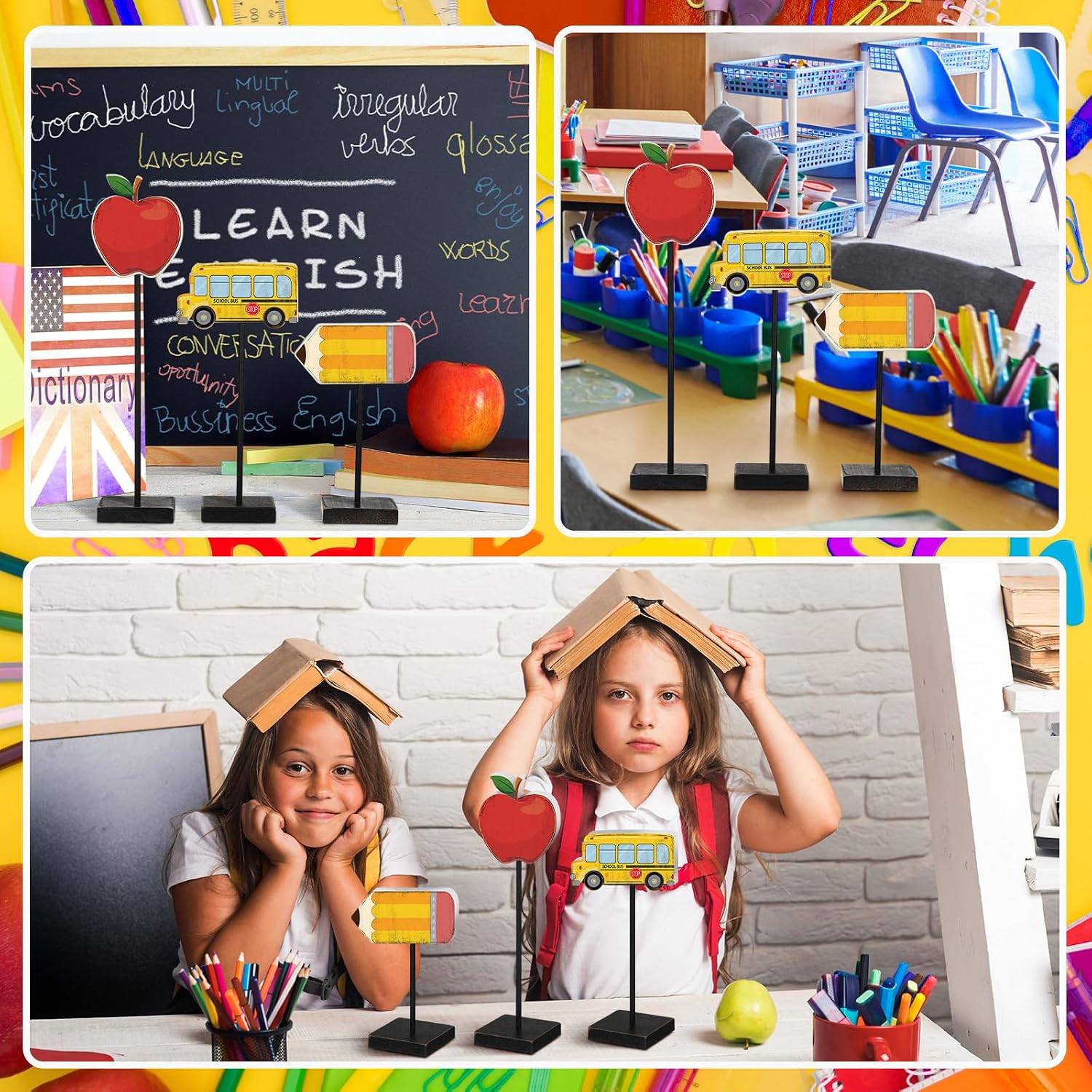 3 Pcs Back to School Table Decoration Wooden Pencil Apple Bus Sign image 5