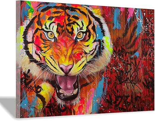 Amazon Co Jp カラフルな虎の絵動物のキャンバス絵画壁アート落書き虎動物装飾 印刷された油絵 40x60cm フレームレス ホーム キッチン