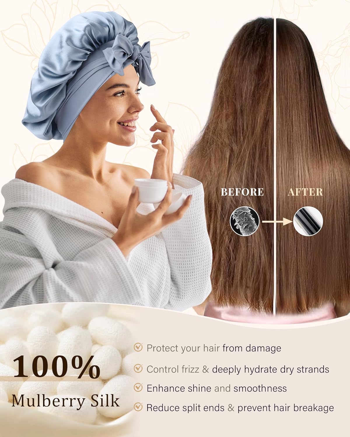 100% Mulberry Silk Bonnet for Women Hair Bonnet for Sleeping with Hair Scrunchy Elastic Tie Band Night Cap(Blue) - Image 5