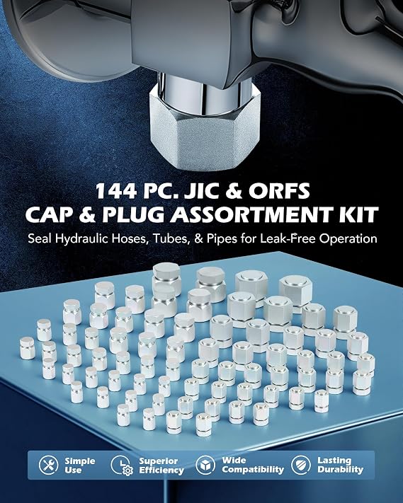 ZELCAN Hydraulic Hose Cap & Plug Kit, 144-Piece JIC & ORFS Plug and Cap Assortment Kit for Dash Size 4 6 8 10 12 16, Heavy-Duty Hydraulic Hose Fitting Kit for Industrial Pipe Tube Sealing