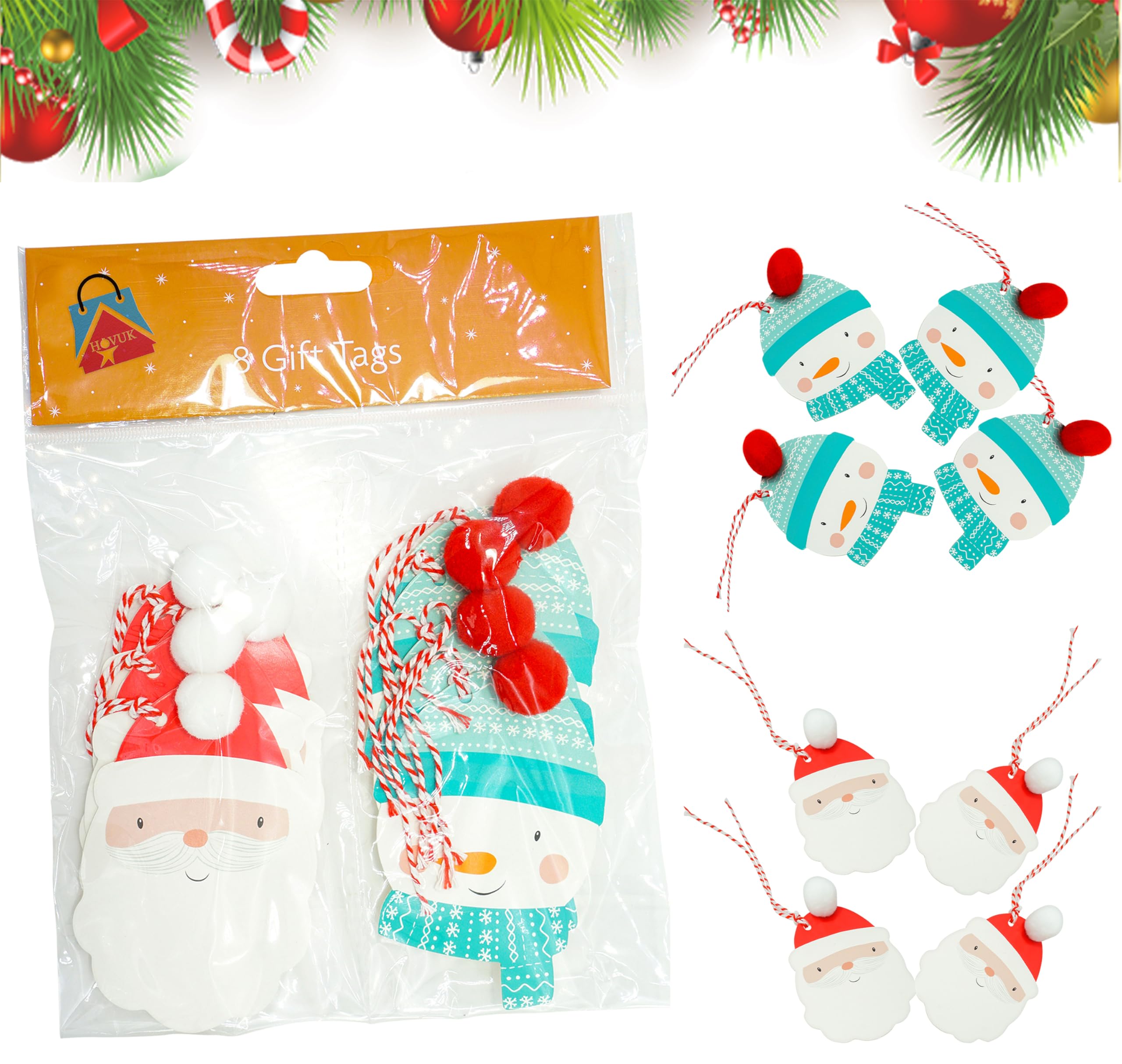 Srv Hub Pom Pom Cards 8Pcs Gift Tags For Christmas Hanging Labels, 3D Santa Labels, Classic Christmas Tags With Strings For Xmas, Birthday And Thanksgiving Gifts ( - 10Cm)