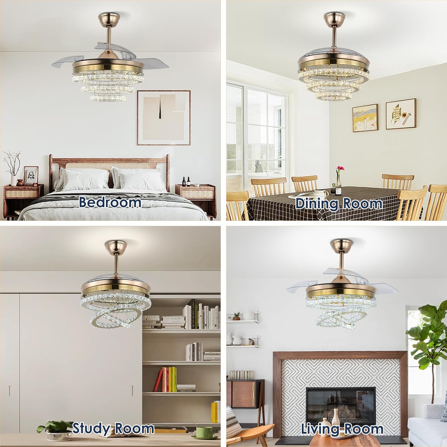FRIXCHUR 42″ Dimmable Fandelier Crystal Chandelier Retractable Ceiling Fan with LED Lights 3‑Color Change Retractable Blades Adjustable Chandelier 6 Wind Speeds Quiet Remote for Living Room Bedroom