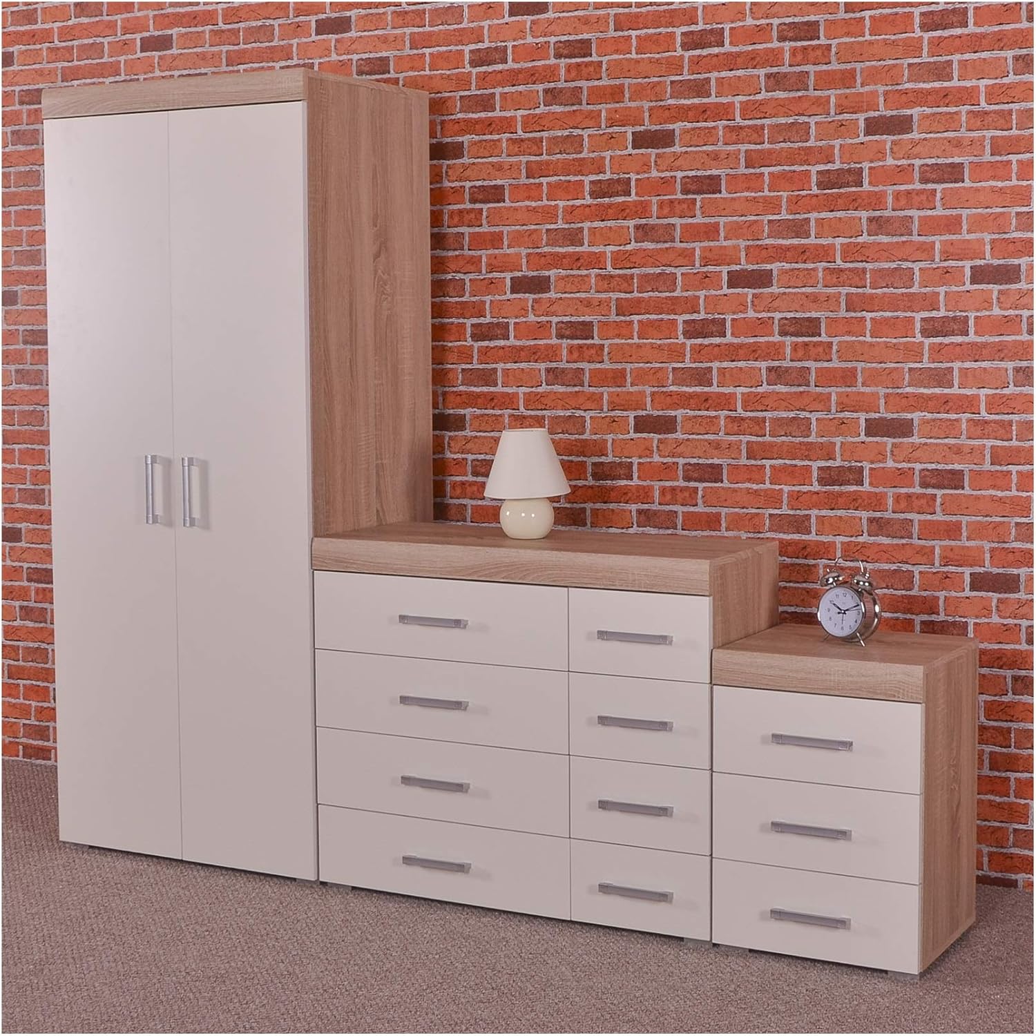 DRP Trading White/Sonoma Oak Bedroom Furniture Set Wardrobe, 4+4