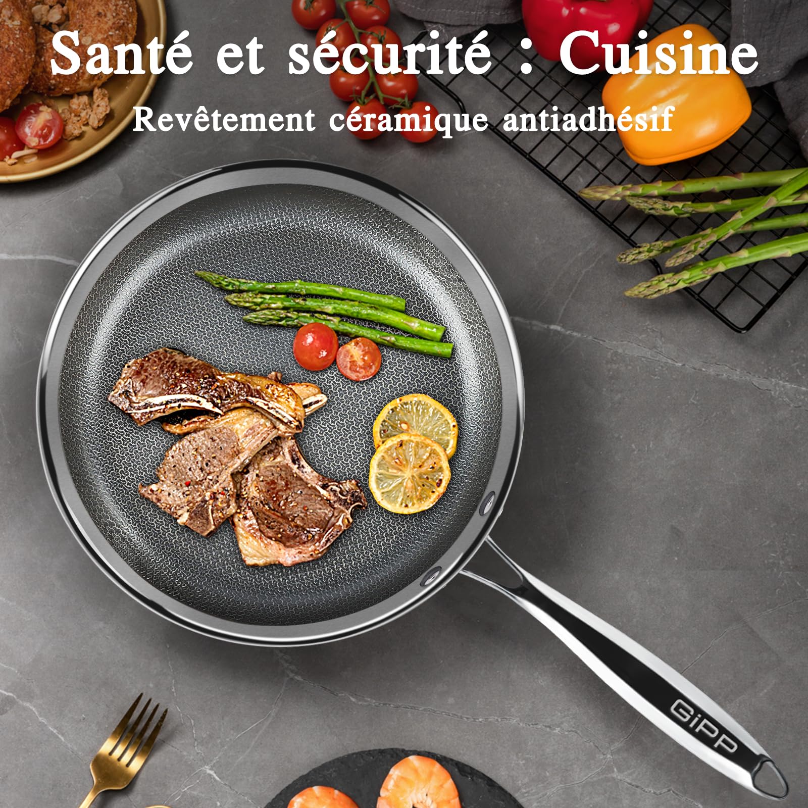 GiPP Poêle Antiadhésive, Acier Inoxydable à 3 Couches, Série Haut de Gamme | Sain et Non Toxique, Diffusion de Chaleur Homogène, Manche Restant Froid, Tous Feux Lot, Lave-vaisselle et Four, 26 cm
