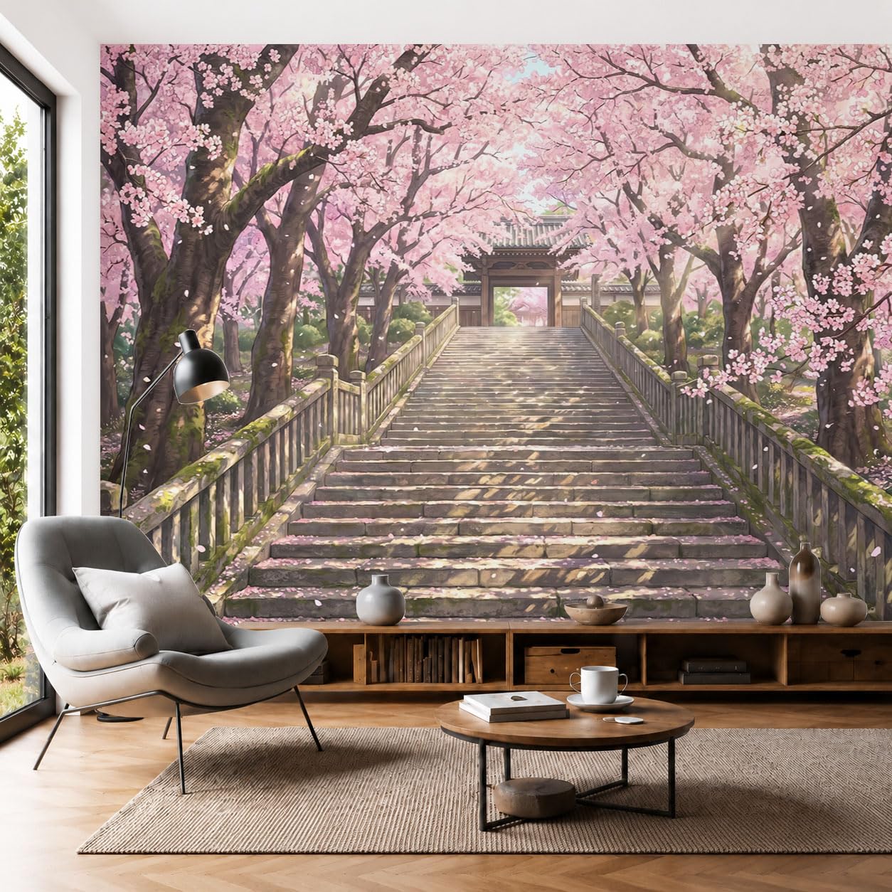 Papier peint panoramique pour agrandir un salon sombre avec une fresque japonaise fleurs de cerisier