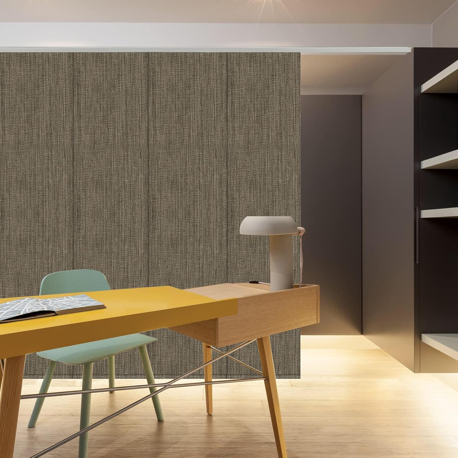 Blackout Cordless Sliding Panel Track Blind, 4-Rail or 6-Rail Track Vertical Blinds for Sliding Window and Patio Door, Woven Fabric Curtain, Dark Brown
