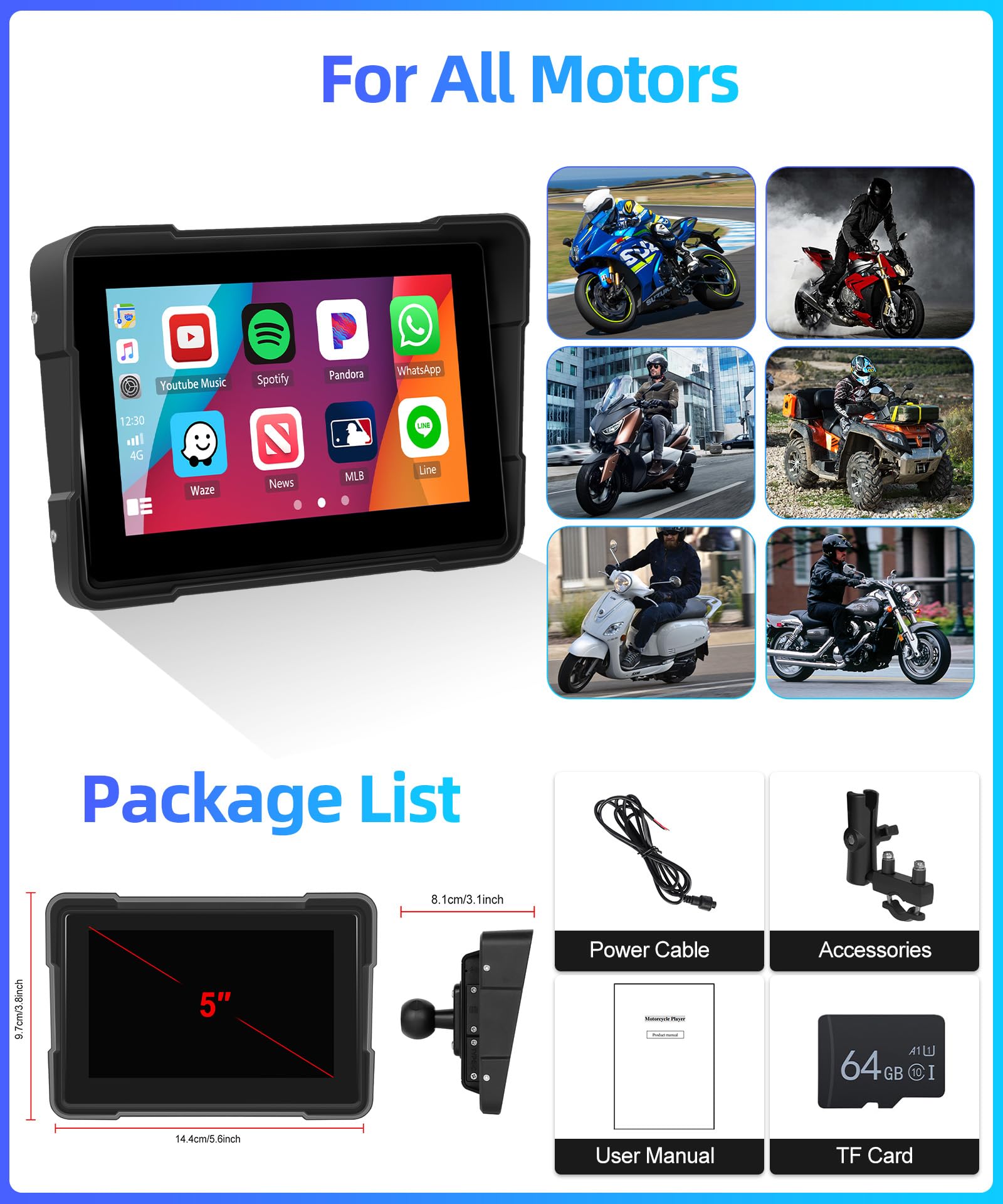 CAMECHO Motorrad Navigationsgeräte 5 Zoll HD-Touchscreen Wasserdicht mit 64G TF Karte mit Navi Wireless Carplay Android Auto Bluetooth FM EQ Musik Leistungsstarker Chip 4 Thema für Alle Motorräder