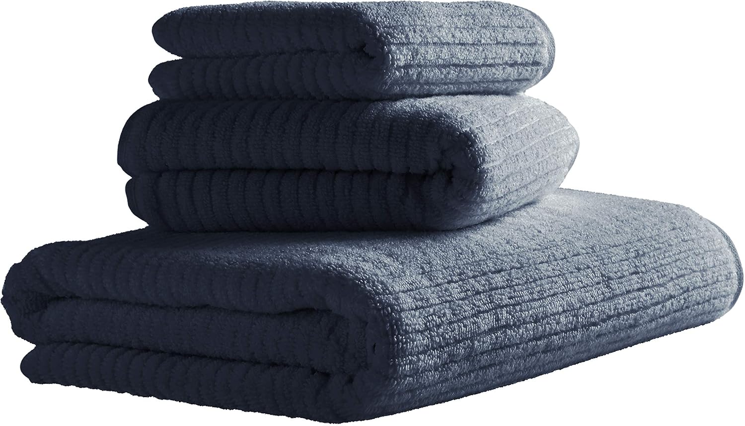 Amazon Brand – Rivet Ribbed Cotton Bath Towel Set, Set of 3, Denim Blue