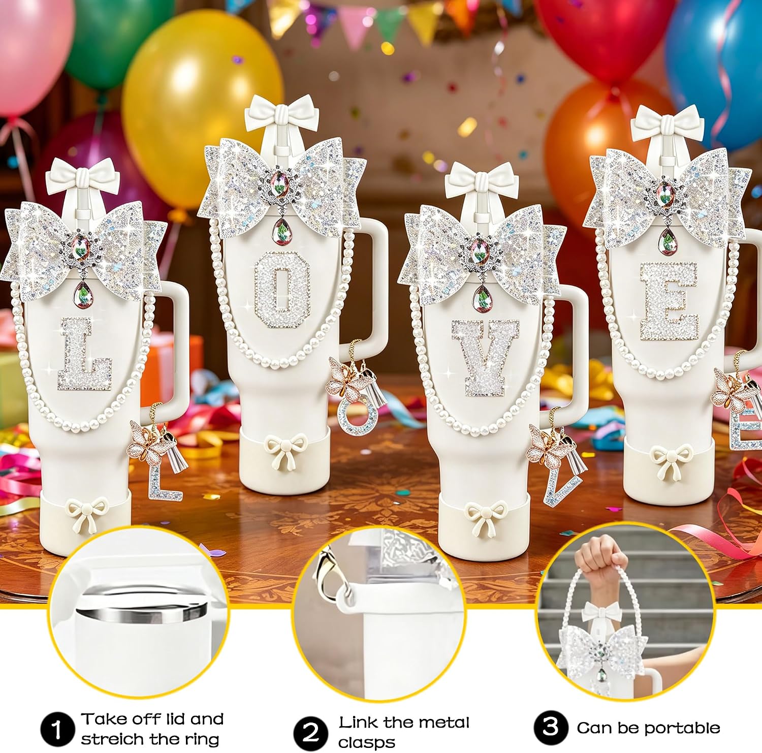 7PCS Bow Accessories Set for Stanley Cup, Pearl Strap Letter Charm image 3