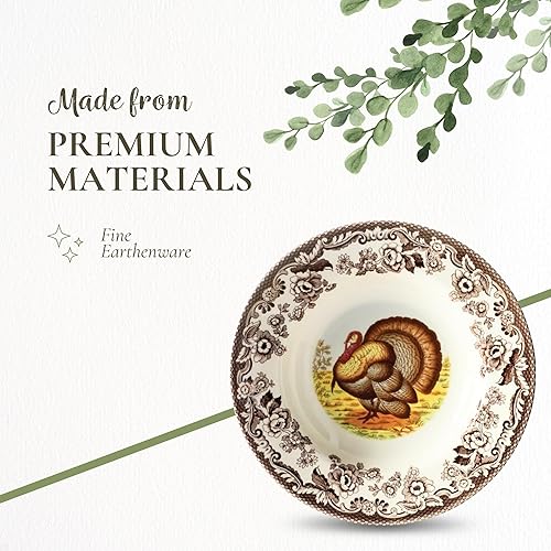 Miniatura 4 de Spode Woodland Turkey - Cuencos de sopa de 9 pulgadas, juego de 4, cuencos grandes de loza con motivo de pavo y borde de flores, vajilla de Acción