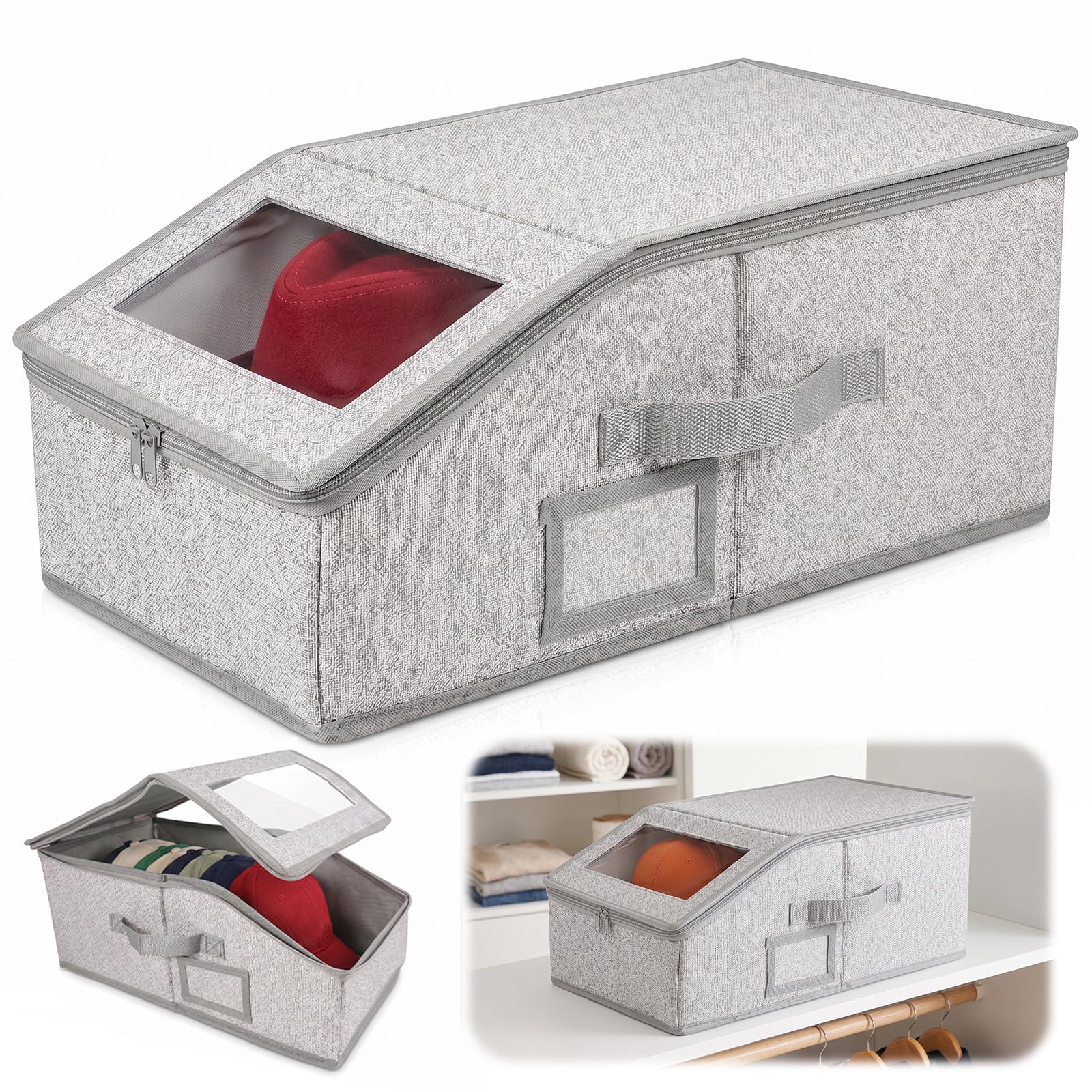 DHFUCNKO Baseball Cap Storage, Stackable Hat Storage with Dust-Proof Zipper, Clear Window Foldable Hat Organiser Box for Bedroom, Wardrobe, Closet