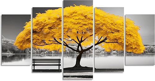 QIXIANG Lienzo decorativo grande de árbol amarillo para pared, 5 piezas de paisaje de árbol junto al lago, para sala de estar, dormitorio, oficina,