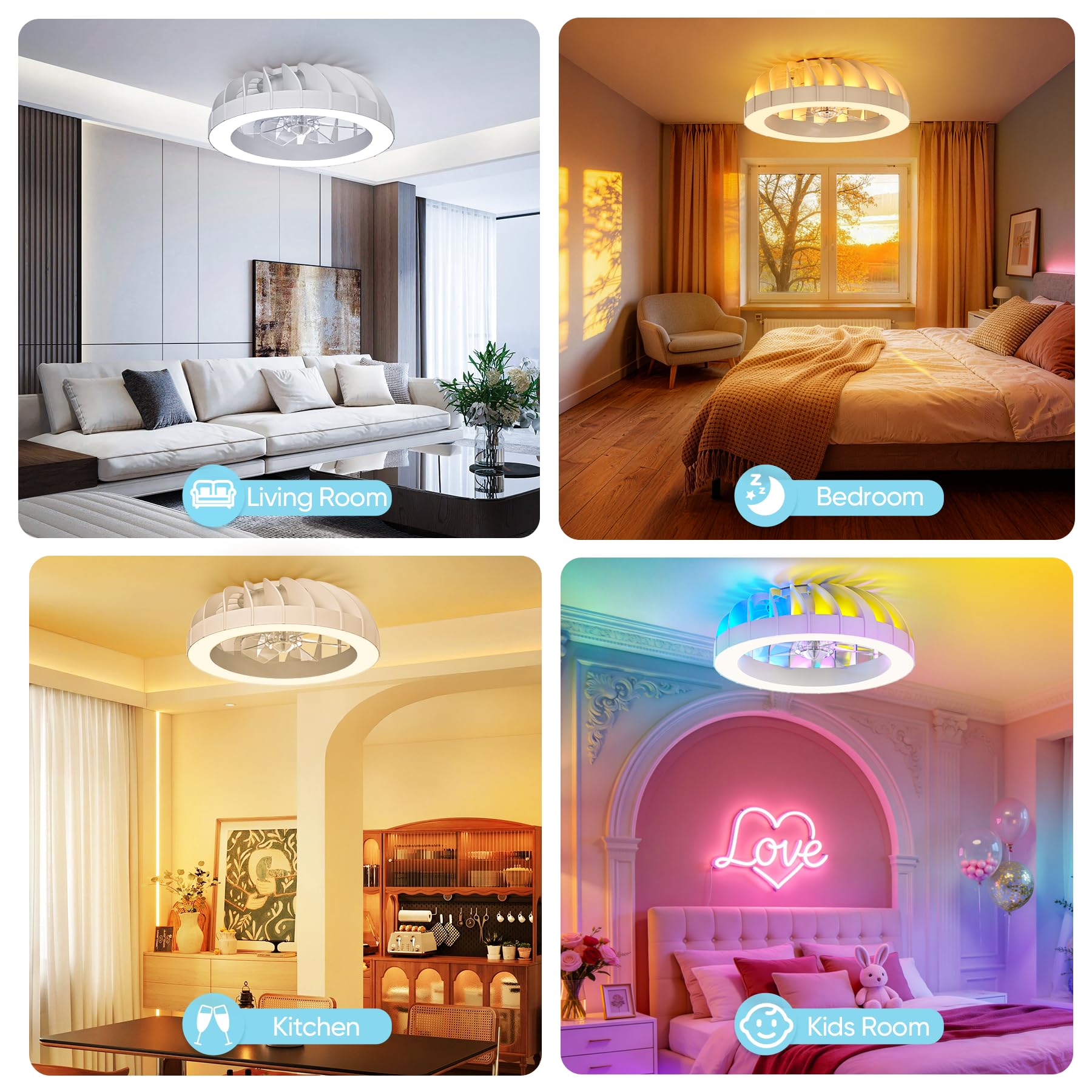 46cm Ventilatore da Soffitto con Luce e Telecomando, 6 Velocità Silenzioso Lampadario con Ventilatore da Soffitto, Timer, 3000k-6500k & RGB Plafoniera Ventilatore per Camera da Letto Soggiorno