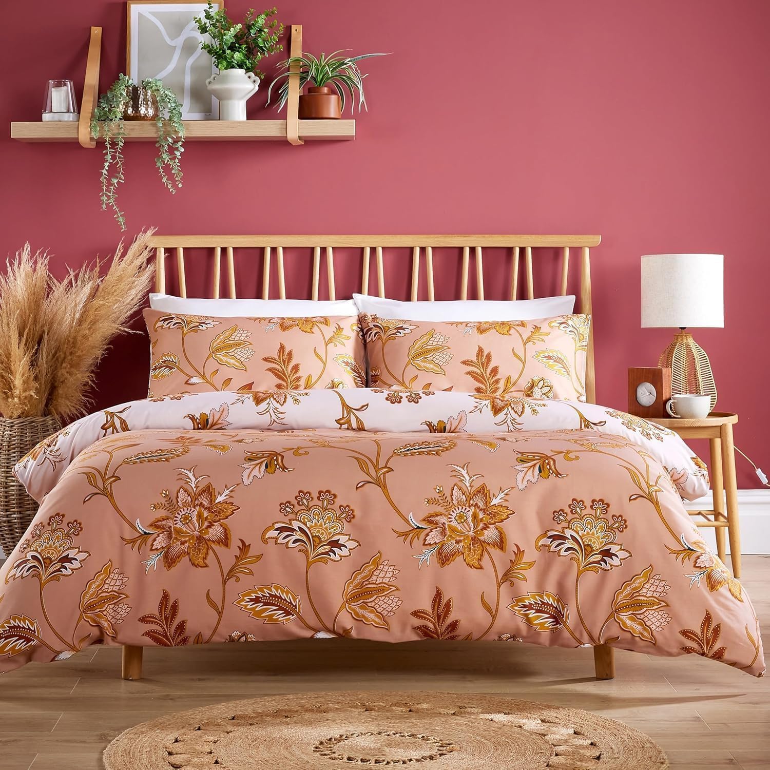 Axcent Comfort Shimla Floral Terracotta Duvet Cover Sets Single Botanical Burnt Orange Duvet Cover with 2 Pillow Cases Reversible Floral Bedding Quilt Set