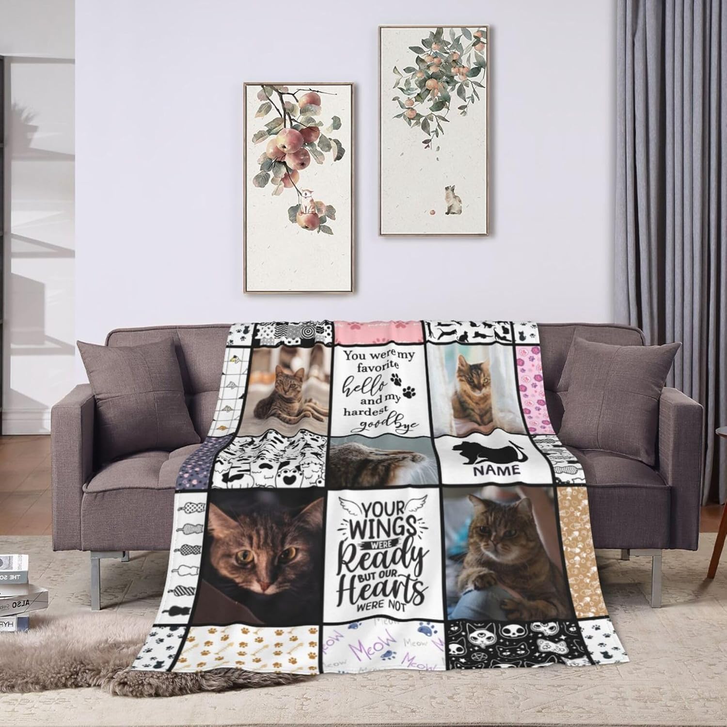 Funnylife Personalized Pet Memorial Gifts for Cats, Flannel Custom Cat Photo Memory Blankets Sympathy for Loss of Cat Bereavement Gifts 50"x60"