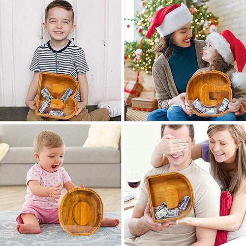 Miniatura 202 de Alcancía para niños y niñas, alcancía grande de madera personalizada con diseño recortado, bancos de monedas con letras del alfabeto, caja de ahorro