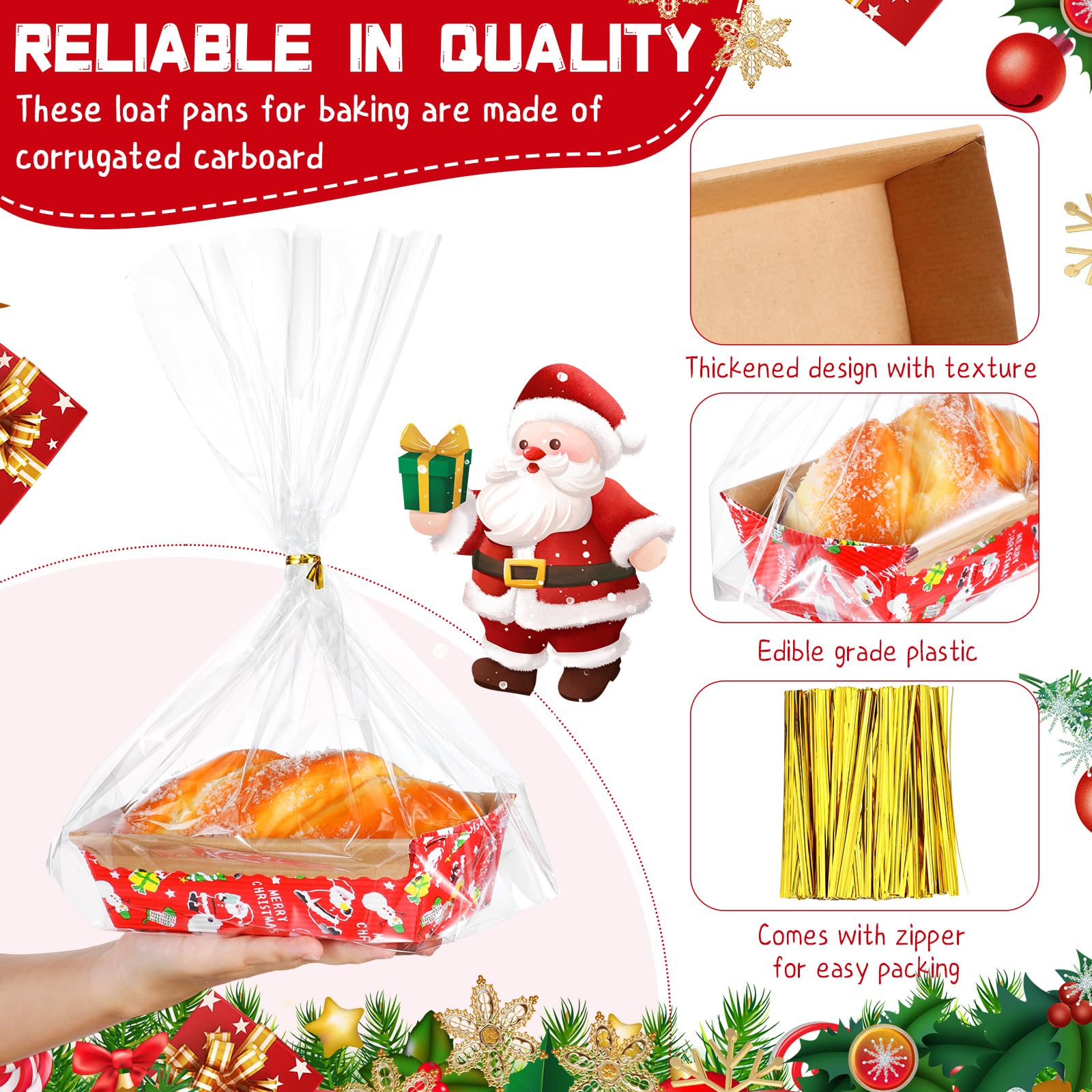 SiliFine 100 Sets Christmas Loaf Pans Disposable Paper Baking Pans Rectangle Bread with 100 Pcs Clear Bread Bags with Ties Loaf Molds for Cake Oven Baker(5.9 x 2.6 x 2 Inches) 2