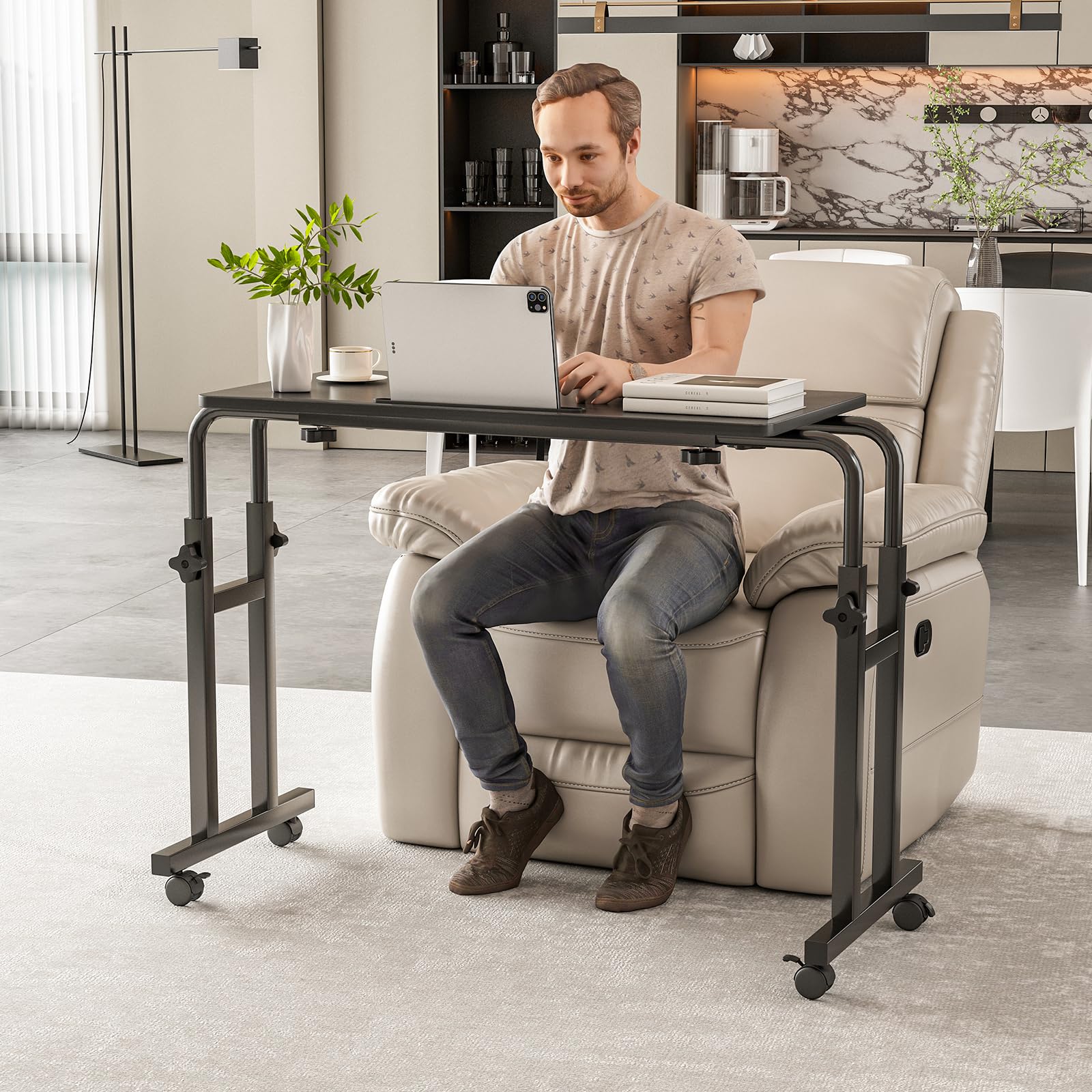 LINGMI Mesa reclinable, mesa sobre cama con ruedas, altura y longitud ajustables sobre la cama, escritorio de metal resistente para hospital, bandeja de soporte para laptop