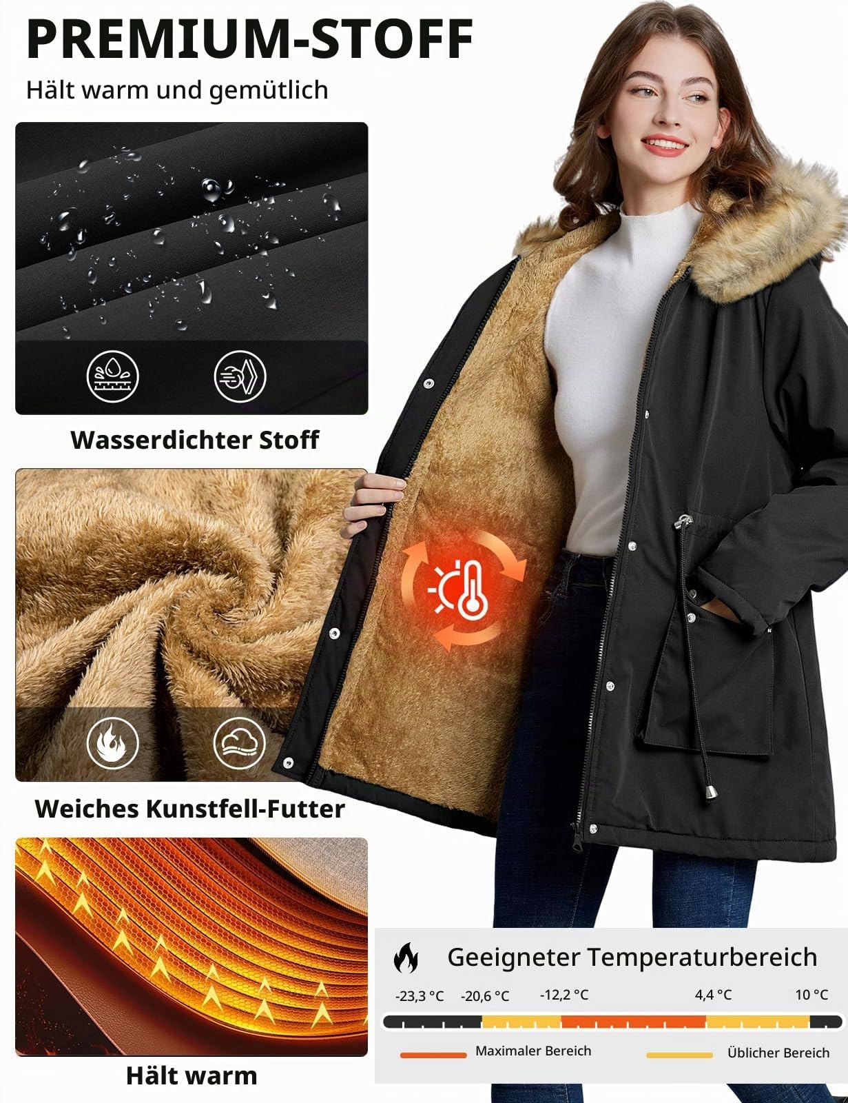 Xnova Damen Wintermantel Parka Fleece Gefüttert Warm Winterjacke | Mittlere lang, Winddicht Wasserabweisendem, mit Kapuze, verstellbarem Kordelzug in der Taille, mit taschen