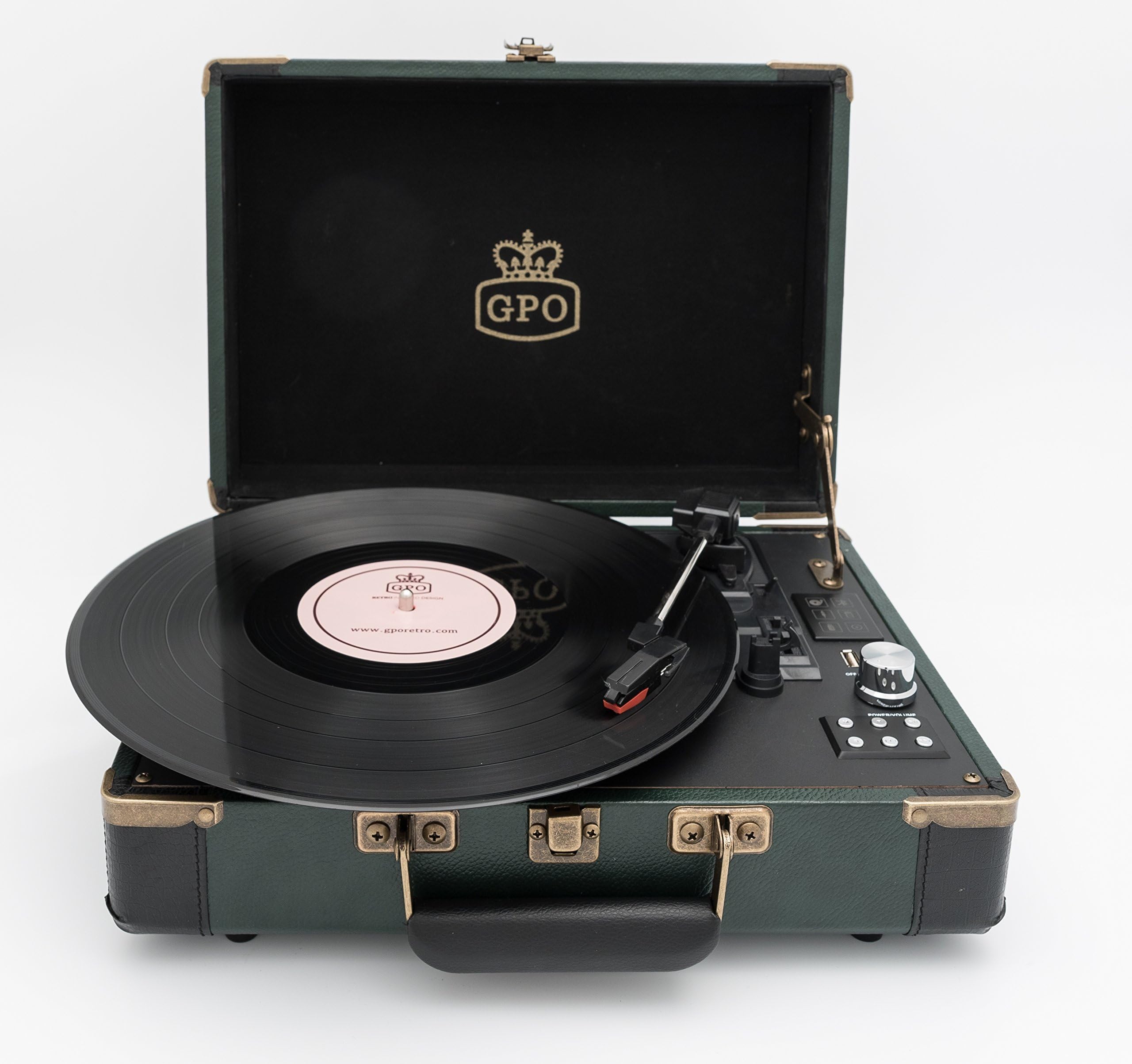 GPO Ambassador Bluetooth Turntable 3-Speed, Built-In Stereo Speakers and USB Stick for Recording Vinyl to MP3 - Green / Black