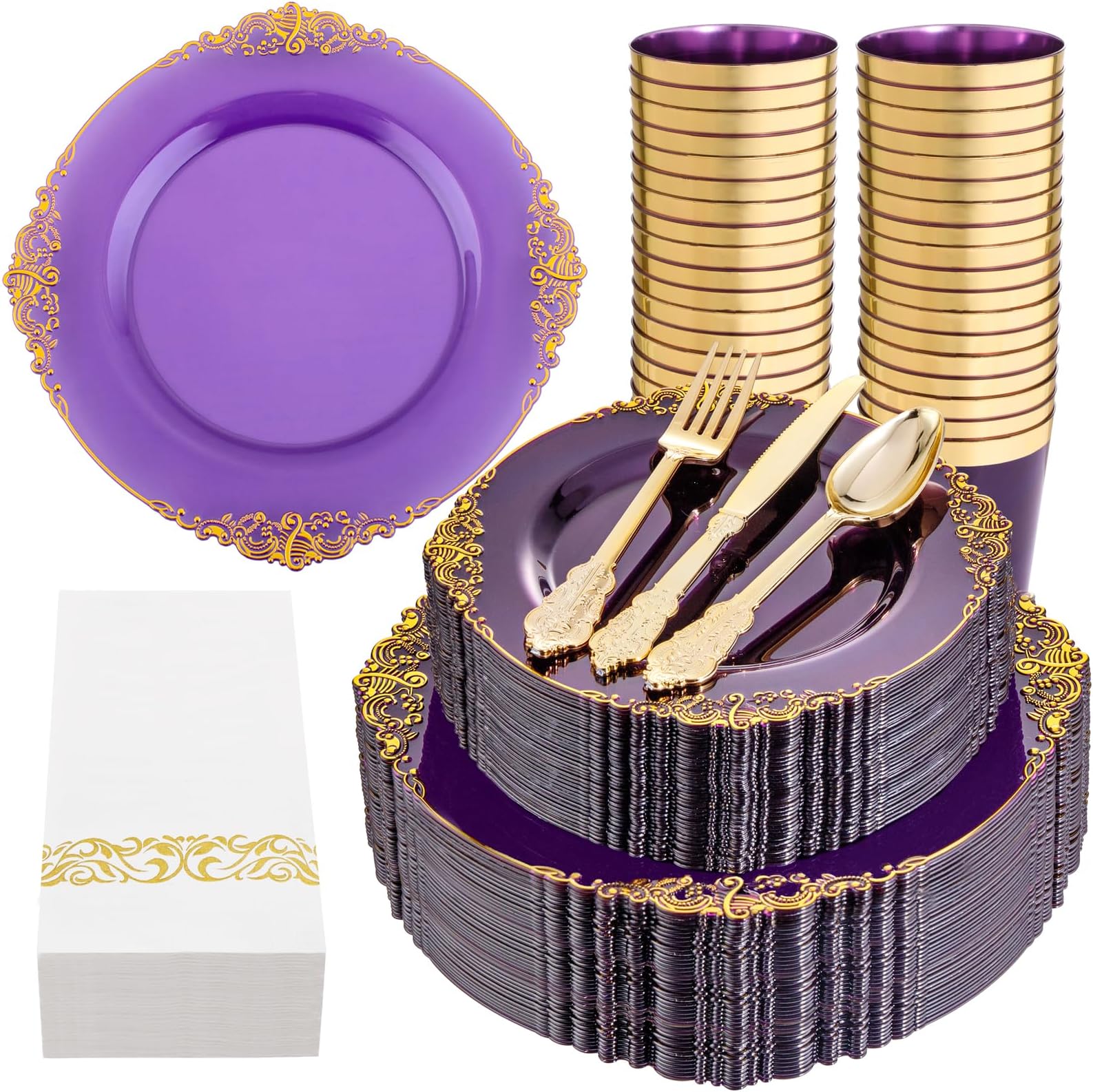 Amazon.com: FOMOICA Purple Plastic Plates and Purple Silver Silverware ...