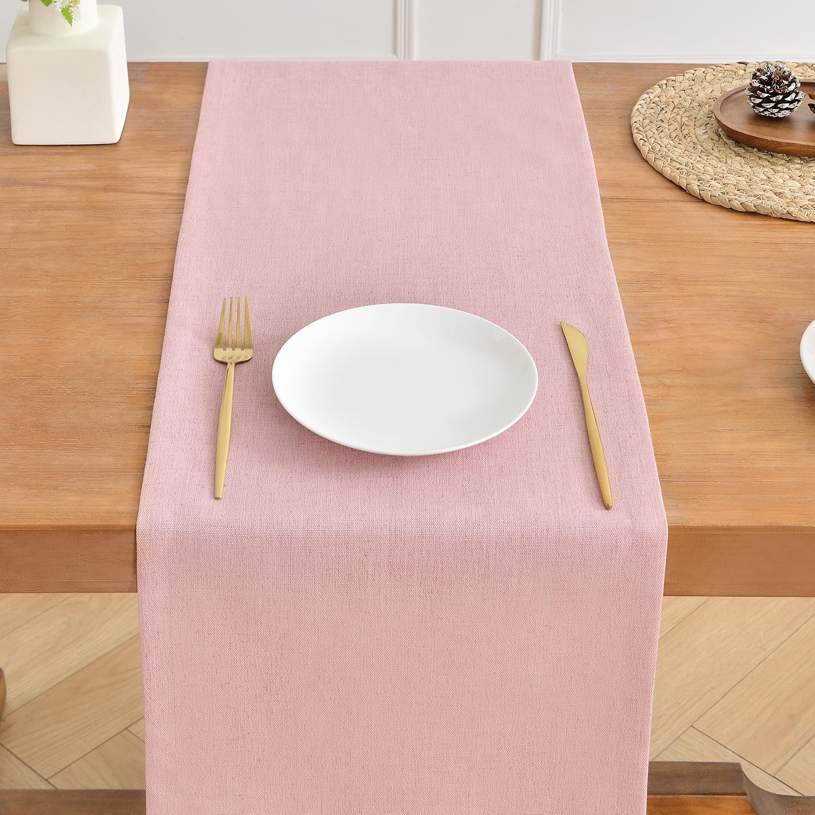 Wracra Pink Linen Table Runner 150cm Long Machine Washable Rustic Farmhouse Table Runner for Dining Holiday Parties and Everyday Use(Pink - Image 4