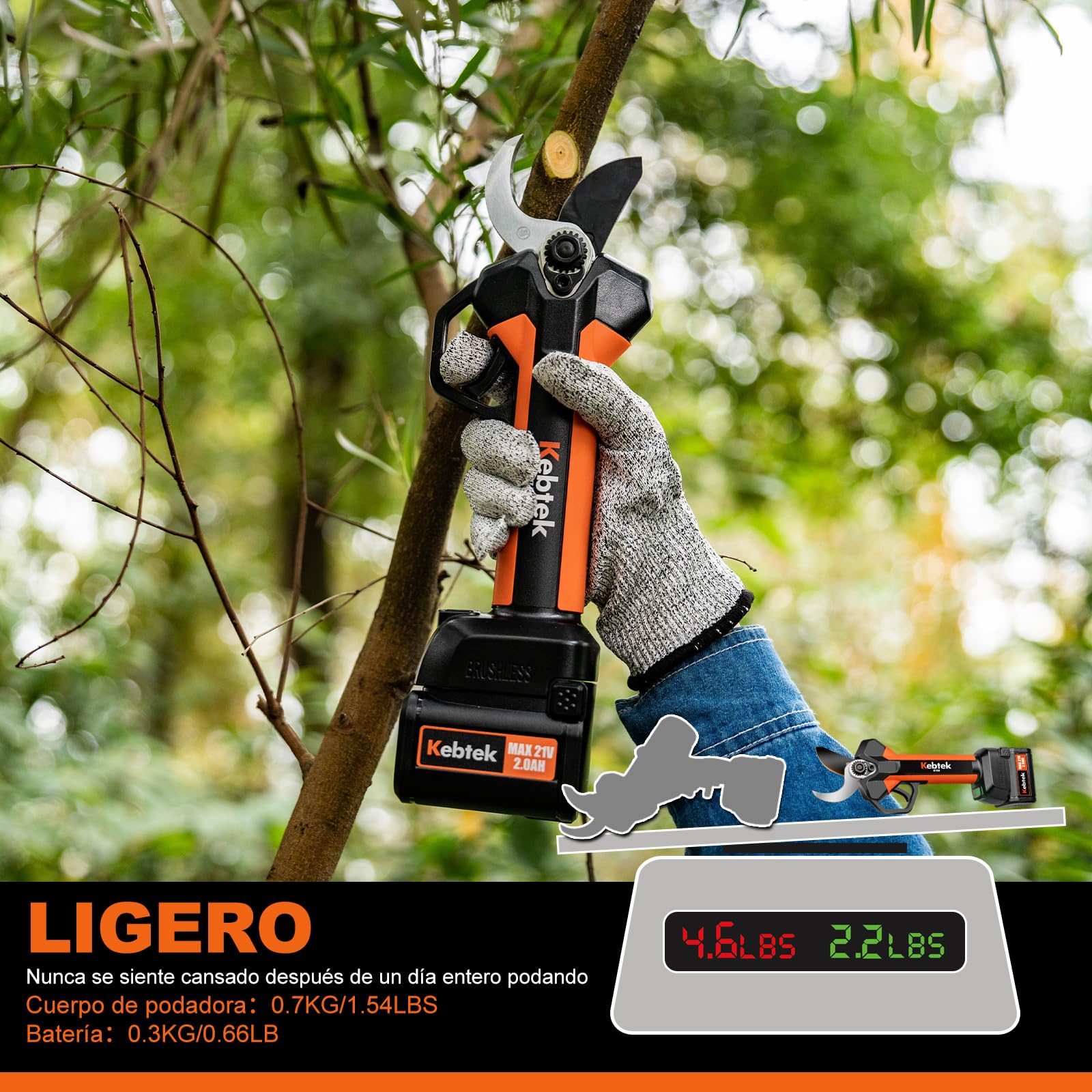 Kebtek Tijeras de Podar Electricas Bateria Profesional 33 mm, Cortadora de Ramas Inalámbrica, Motor Sin Escobillas (Li-Ion, 2000mAh 18V 2Ah, 1 batería y Cargador) (KT 933)