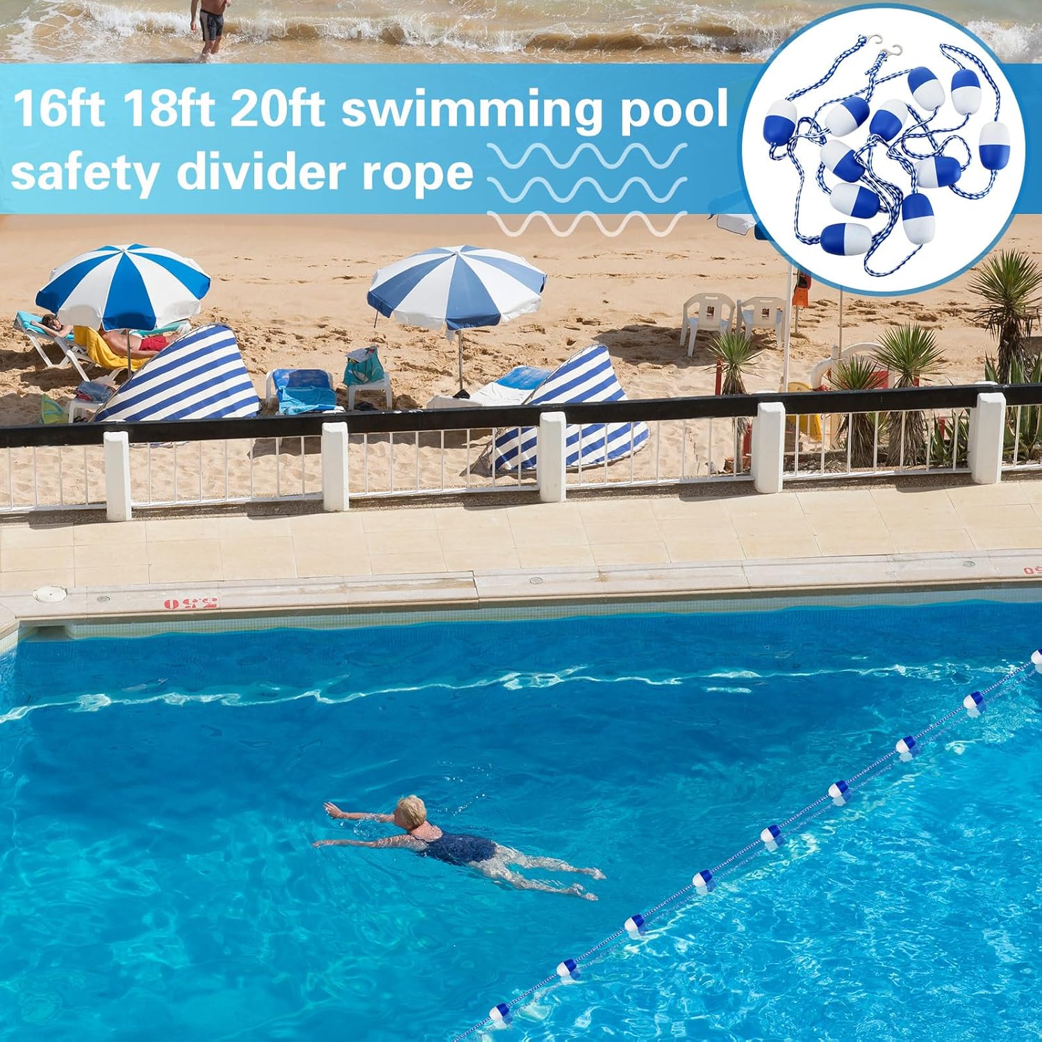 3 Pack 16ft 18ft 20ft Swimming Pool Safety Divider Rope, Swimming Pool Safety Rope with Pre Assembled Stainless Hooks and Bi Tone Floating Buoys, Section Off Hazardous Areas, Caution Help