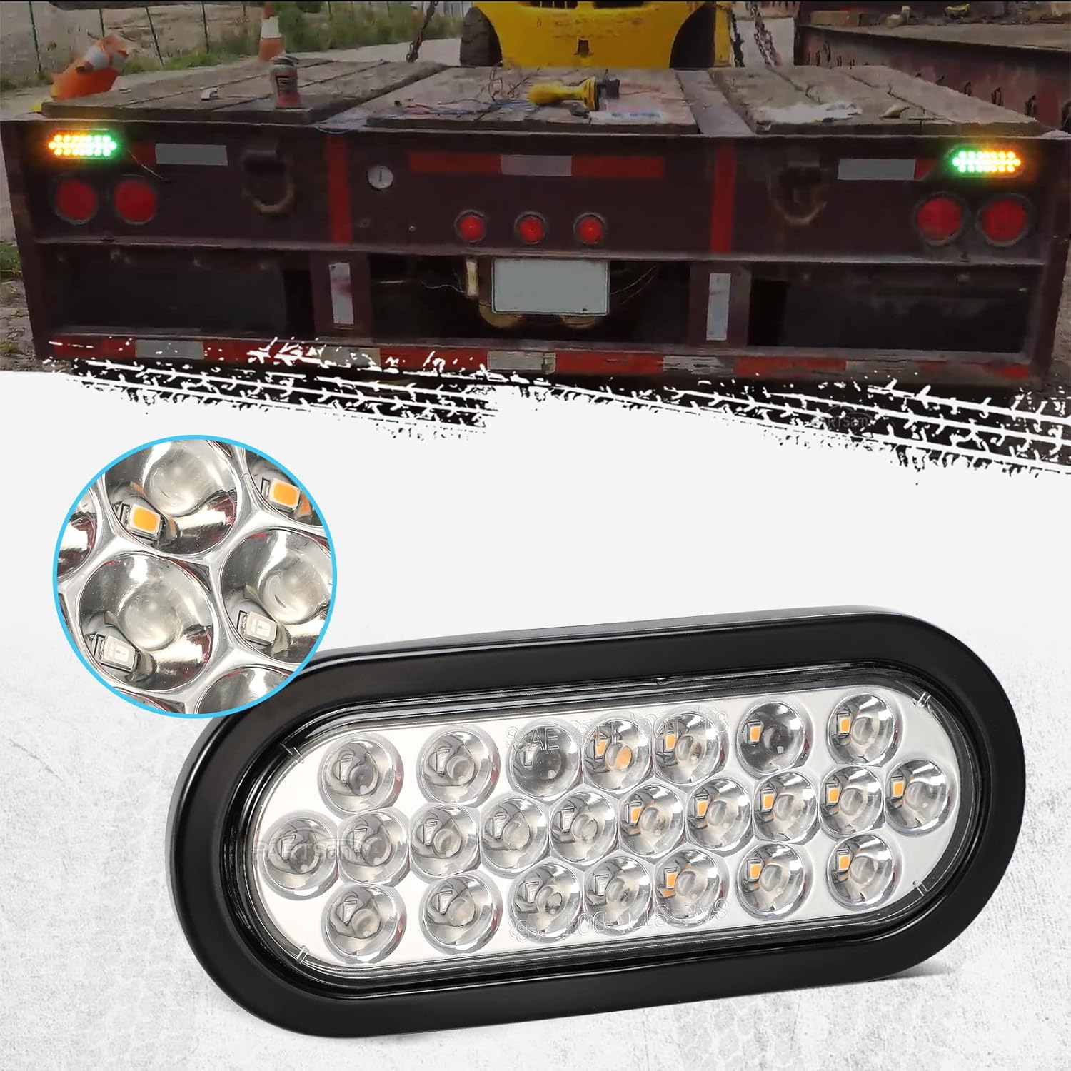 Partsam 2 Pcs 6.5 Inch Oval Amber/Green Strobe Lights 24LED Recessed with With Quad Flash Patterns for Truck Towing Trailer Lights Lamps, Rubber Grommets and 3-prong Wire Pigtails Included, 10V-30V