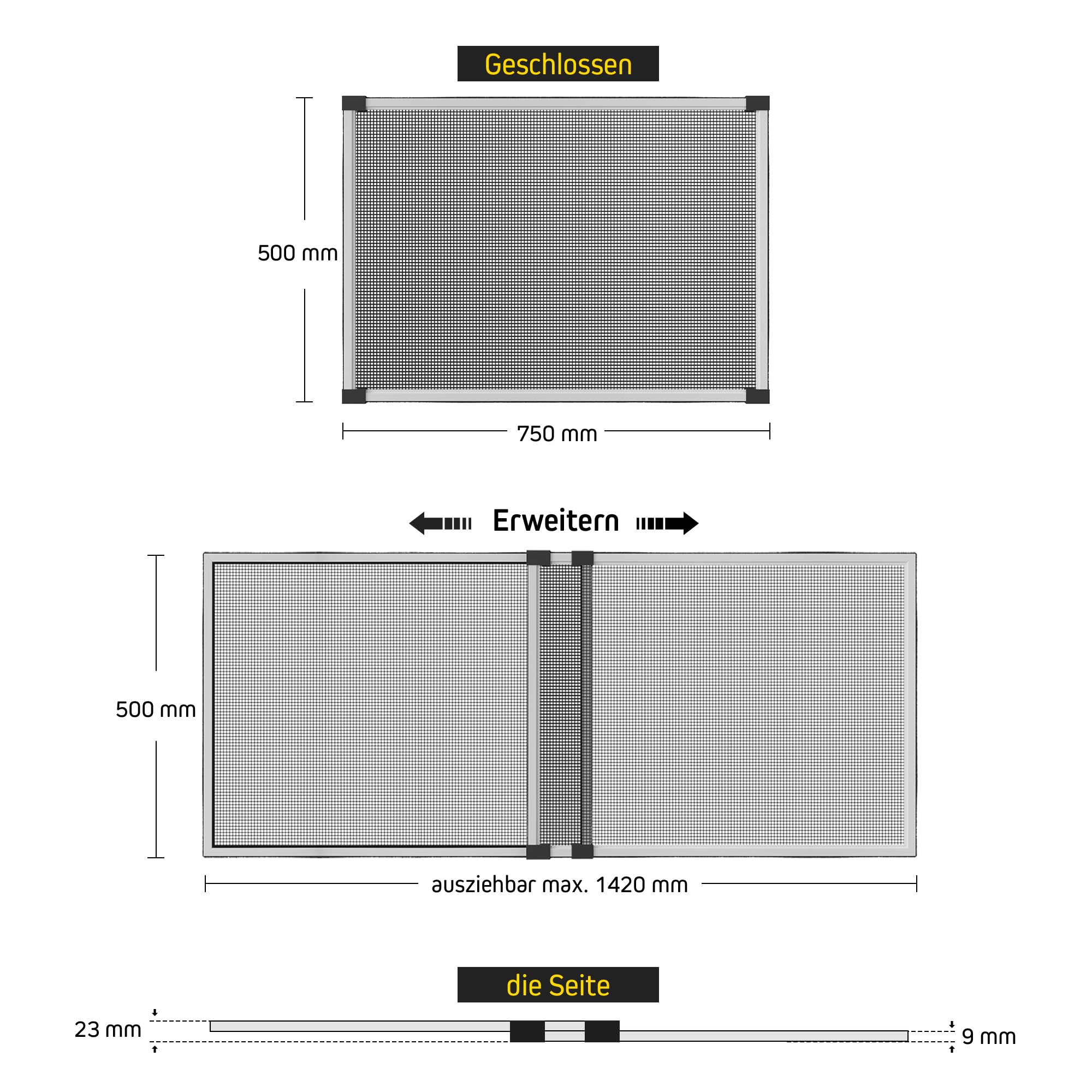 jarolift Zanzariera Estensibile Schiebfix Senza Fori per Porte Finestre con Guida per Avvolgibili, 75 x 50 cm (Allungabile Fino a 142 cm), Grigio