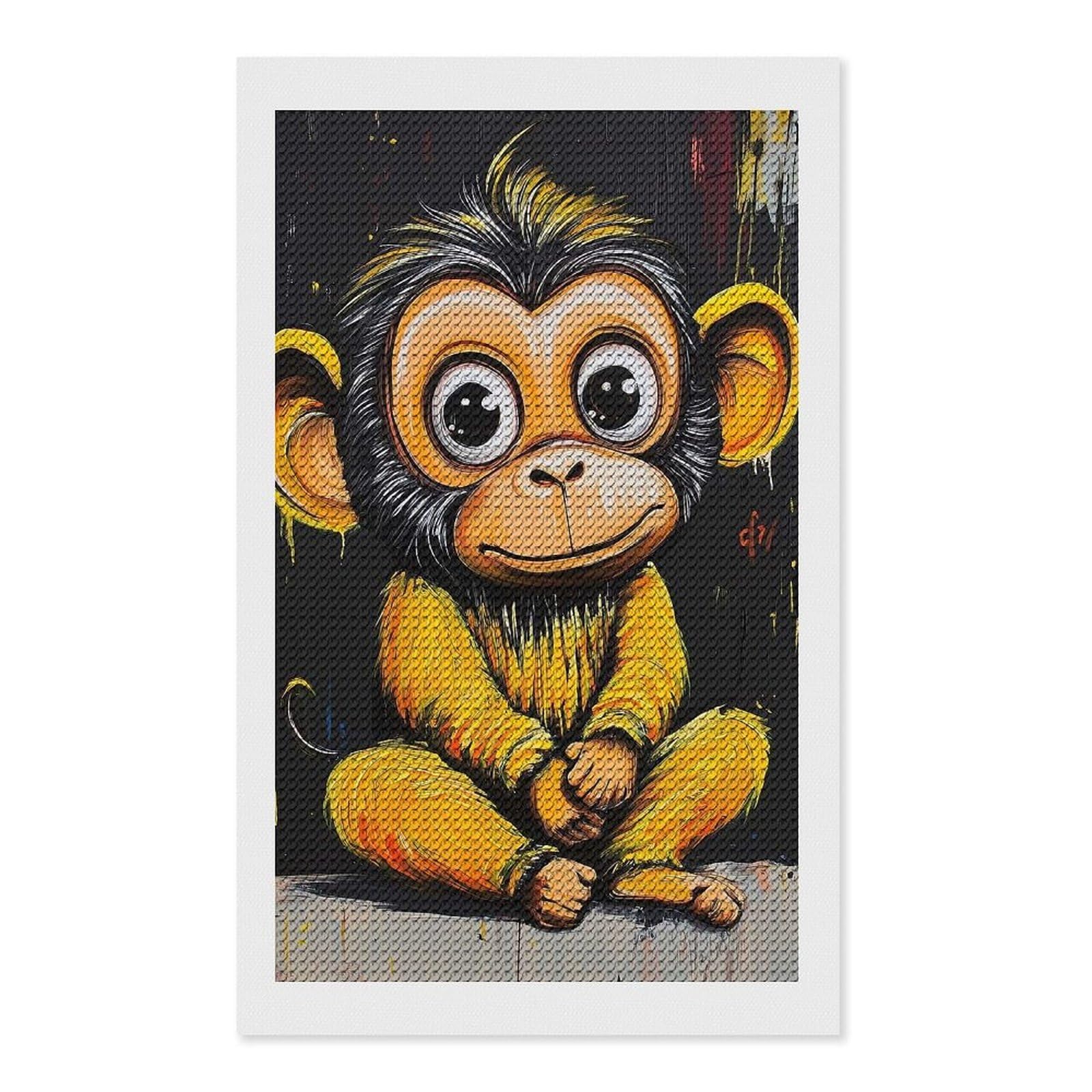 Junmoney Smiling Monkey Painting DIY Diamond Art Canvas Kit 12"x20", Adhesive Canvas, Easy to Enjoy, Farmhouse Decor, Festive Craft Gift