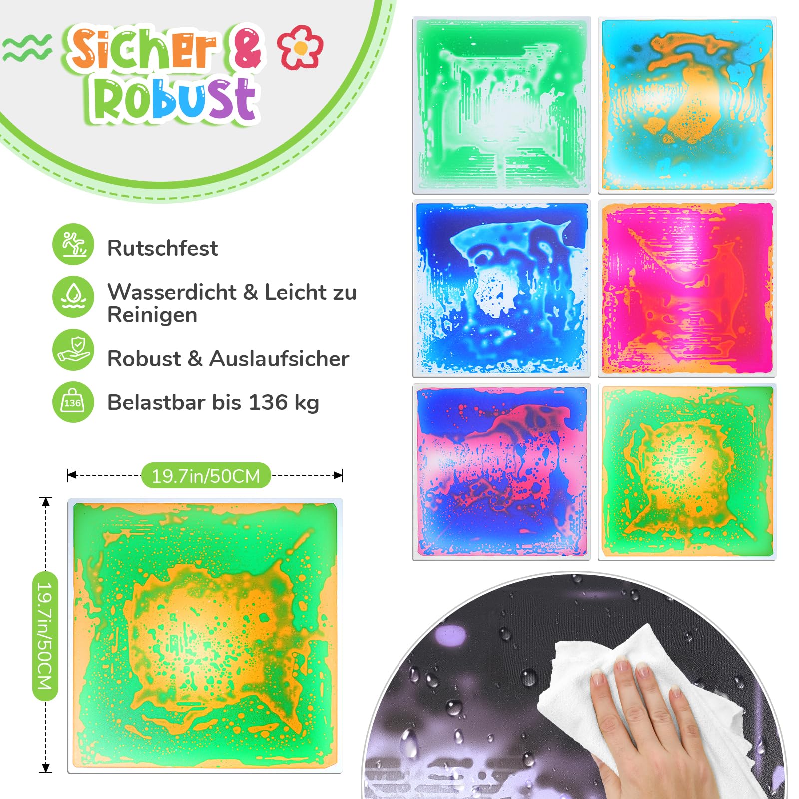 Große Sensorik Matte 50x50cm, flüssige mehrfarbige Bodenfliese PVC, CE EN71 Sensorspielzeug für Haus, Kindergarten und Autismus (4, 4pcs-5050-4COLORS)