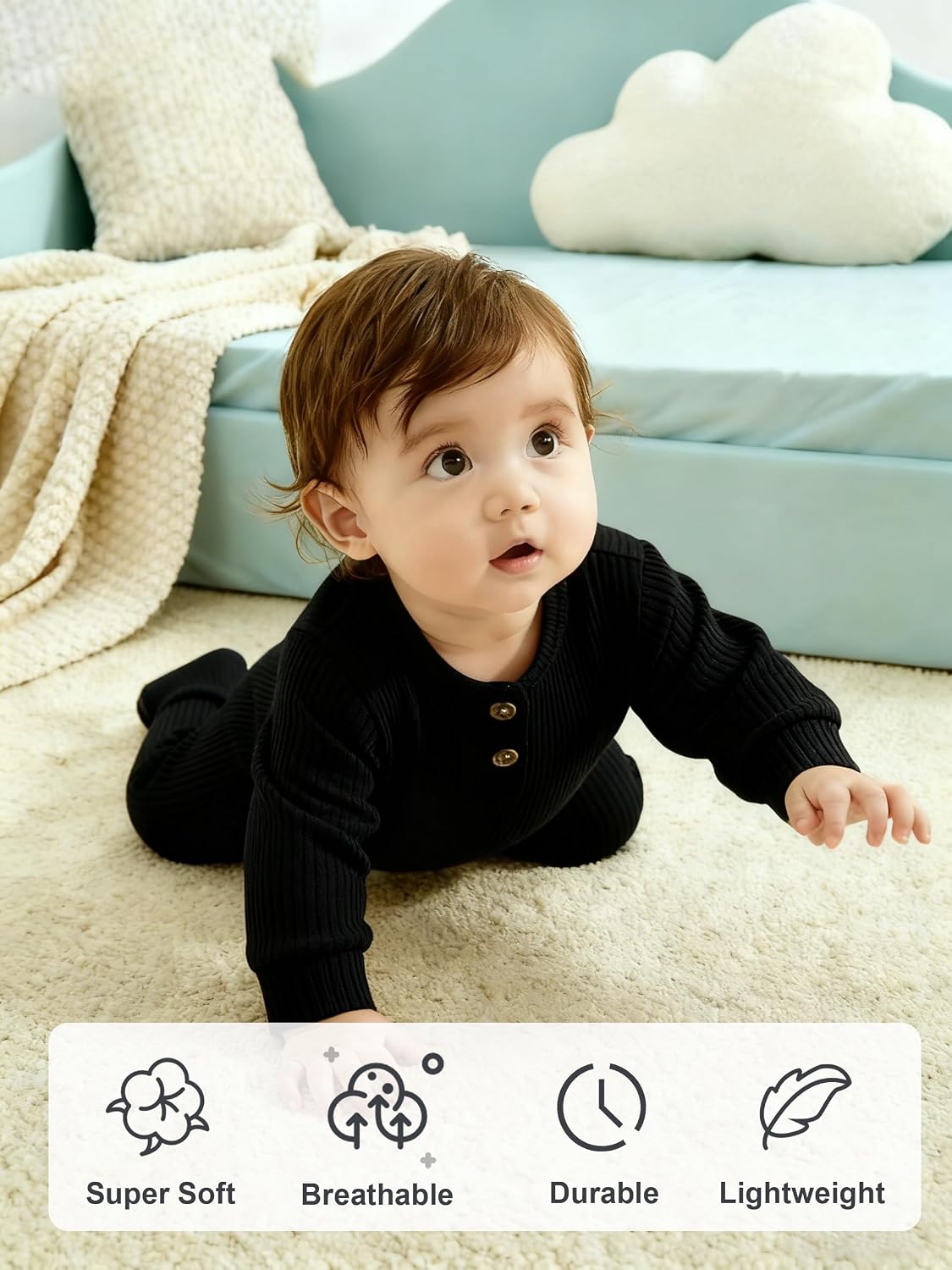 Unisex Newborn Clothes 0-12 Months Long Sleeve Snaps up Solid Ribbed Knit Baby Outfits