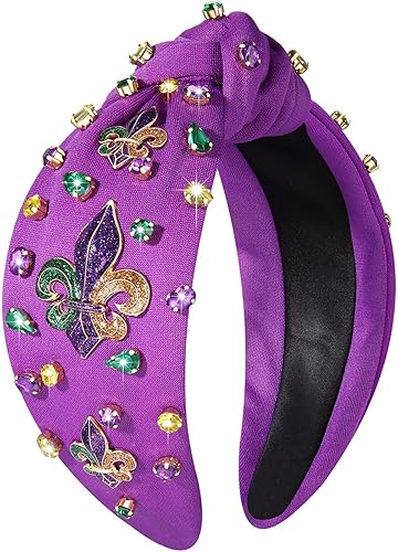 boderier Diadema de Mardi Gras, diadema de flor de lis, diadema anudada con adornos de cristal, morado, verde, amarillo, carnaval, festivo,