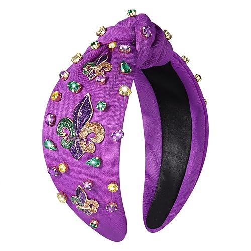boderier Diadema de Mardi Gras, diadema de flor de lis, diadema anudada con adornos de cristal, morado, verde, amarillo, carnaval, festivo,