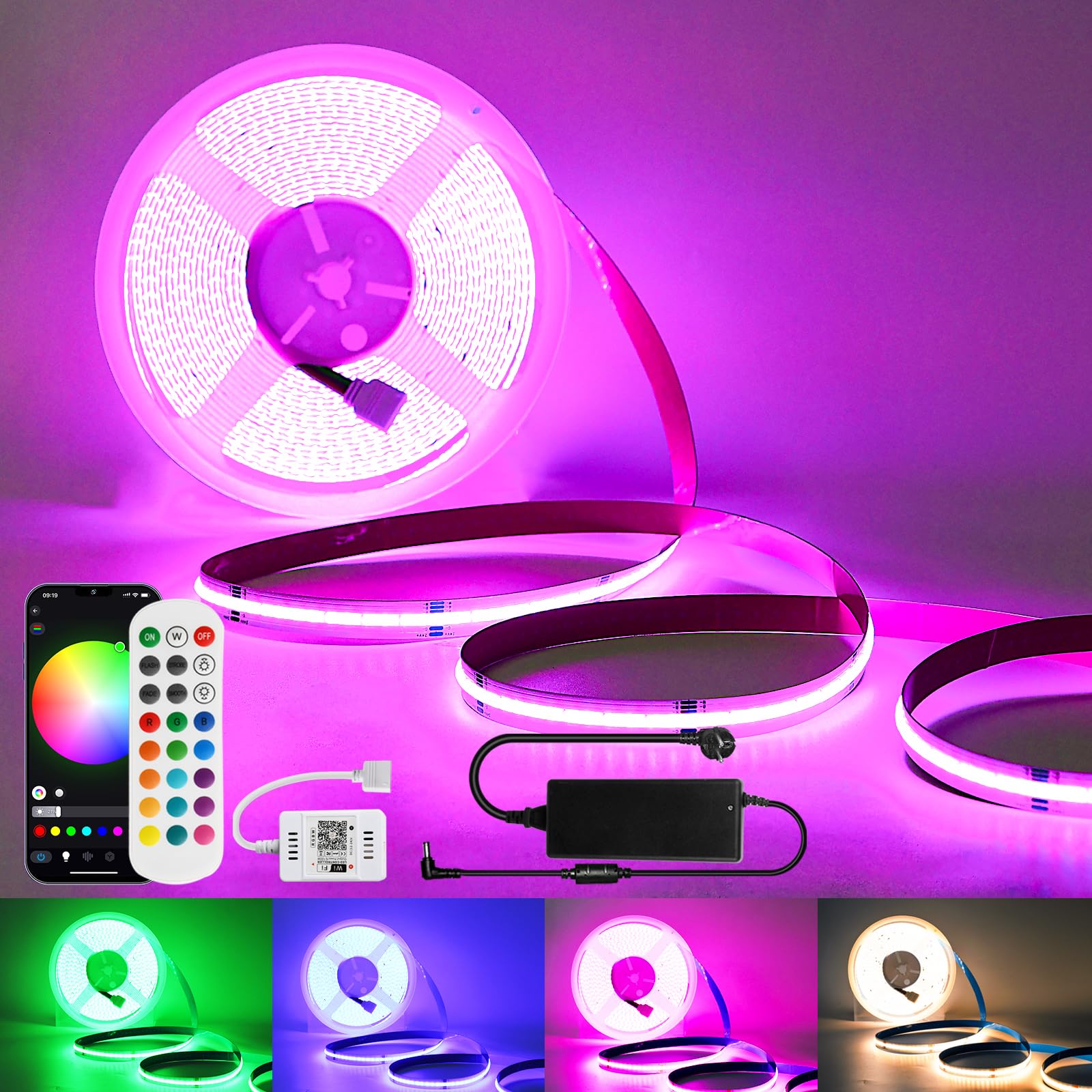 Wlan Cob LED Streifen RGBW 10m mit Fernbedienung, Led Cob Strip Alexa LED Lichtband 24V Selbstklebend Lichtleiste COB, 672 Leds/M, RGB+Warmweiss, Kompatibel mit Alexa Google Home
