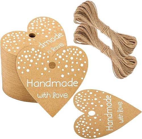 G2PLUS Etiquetas de regalo de corazón, 100 unidades hechas a mano con etiquetas de amor, etiqueta de regalo de papel kraft de 2 pulgadas con cuerda