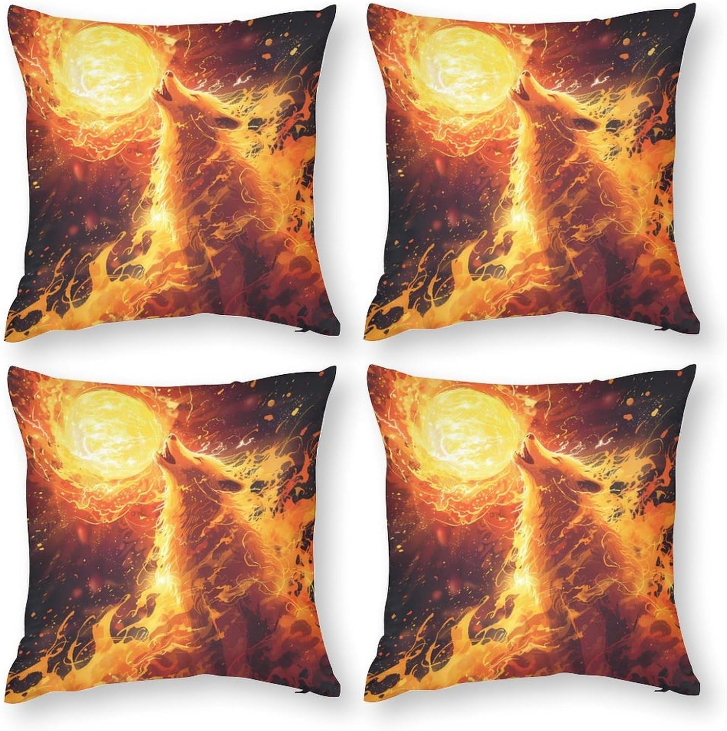 Flame Wolf Howls Under Moon Printed Throw Pillow Case 4 Pcs Soft Pillowcases Pillows Covers Sofa Bed Decor 12/14/16/17/18/20/22/24/32 Inches