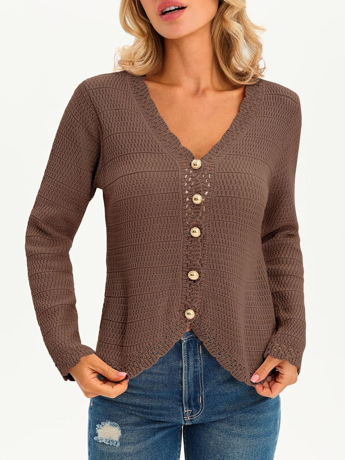 Saodimallsu Womens V Neck Cardigan Sweaters Button Up Cropped Boho Knit Long Sleeve Loose Trendy Sweater Tops - Image 3