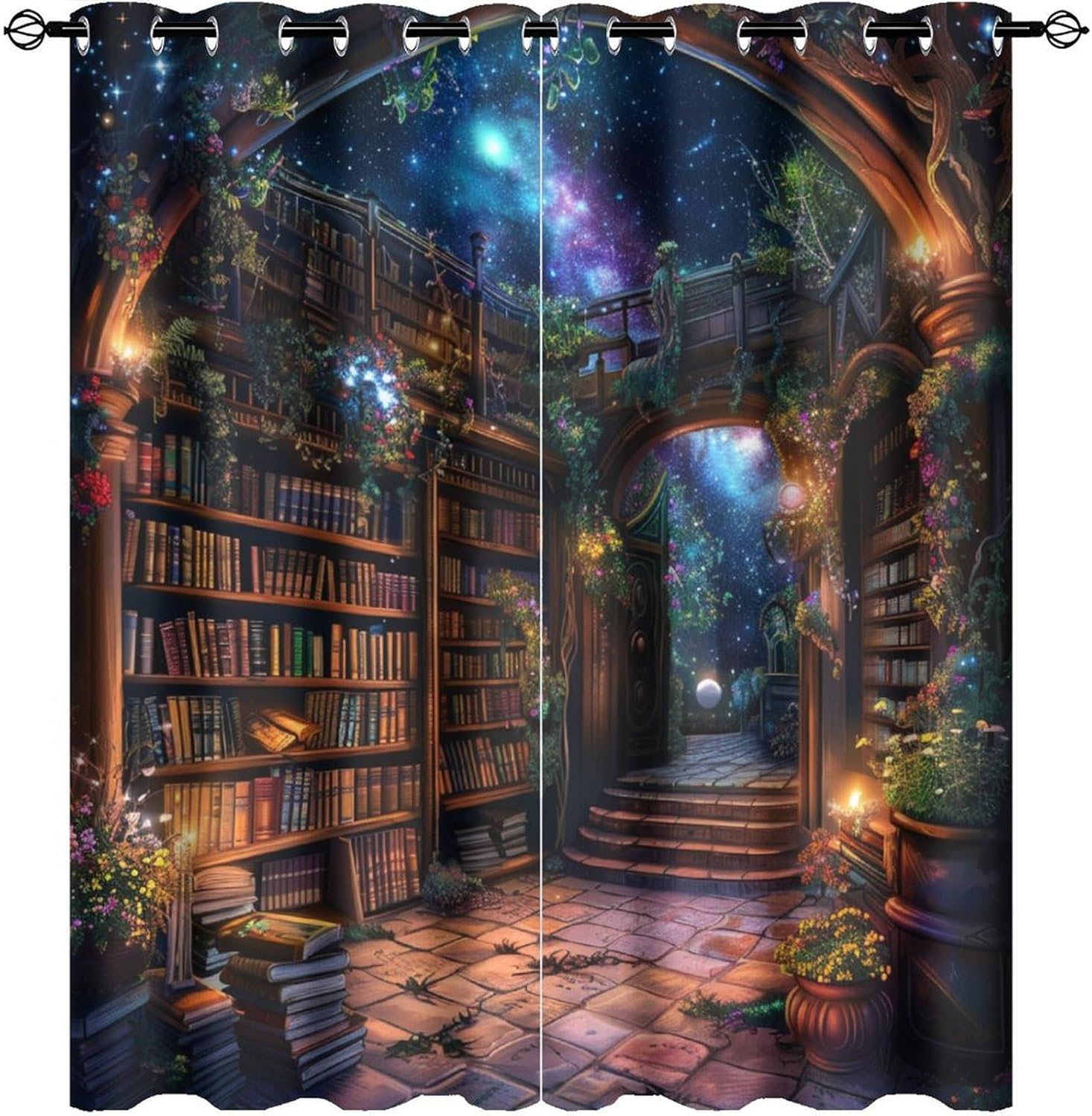Abstract Bookshelf Blackout Curtains for Bedroom Living Room, Plants Library Star Fantasy Thermal Insulated Curtains Window Drapes with Grommet, 21W x 54L, 2 Panels