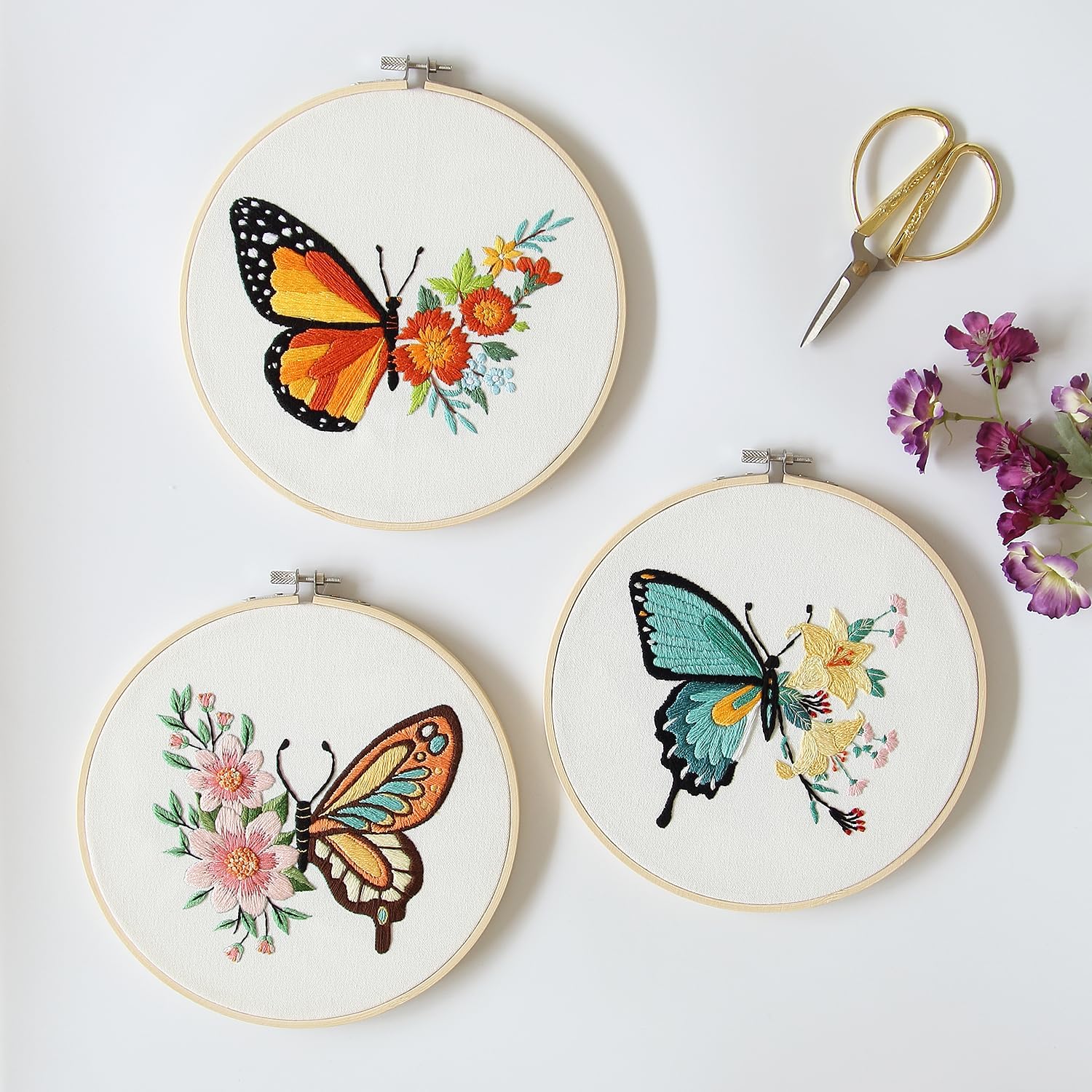 Bonroy 4 Sets Embroidery Kit for Beginners,Embroidery Art Craft Handy Sewing Include Clothes with Pattern,Embroidery Hoops, Instructions,Color Threads Needle (Butterfly) (CX-55)