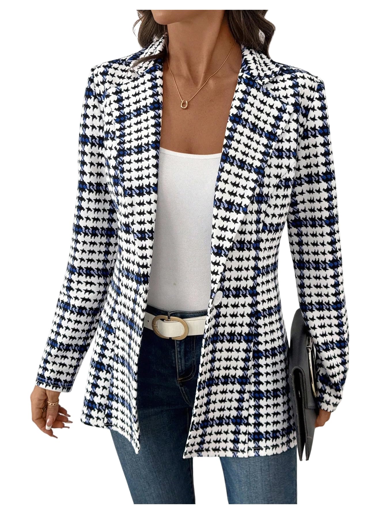 GORGLITTER Womens Houndstooth Long Sleeve Button Blazer Jackets Trendy Open Front Casual Business Work Office Blazers