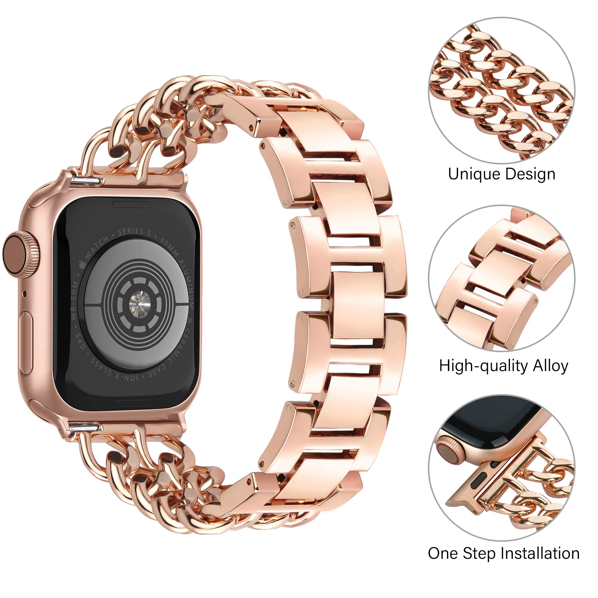 Aniaboho Compatible with Metal Designer Dressy Apple Watch Bands for Women Men 42mm(Series 10) 40mm 41mm 38mm, Double Chain iWatch Bands for Apple Watch Ultra 2 1 SE Series 10 9 8 7 6 5 4 3 2 1 Bracelet Sport Band(Rose Gold)