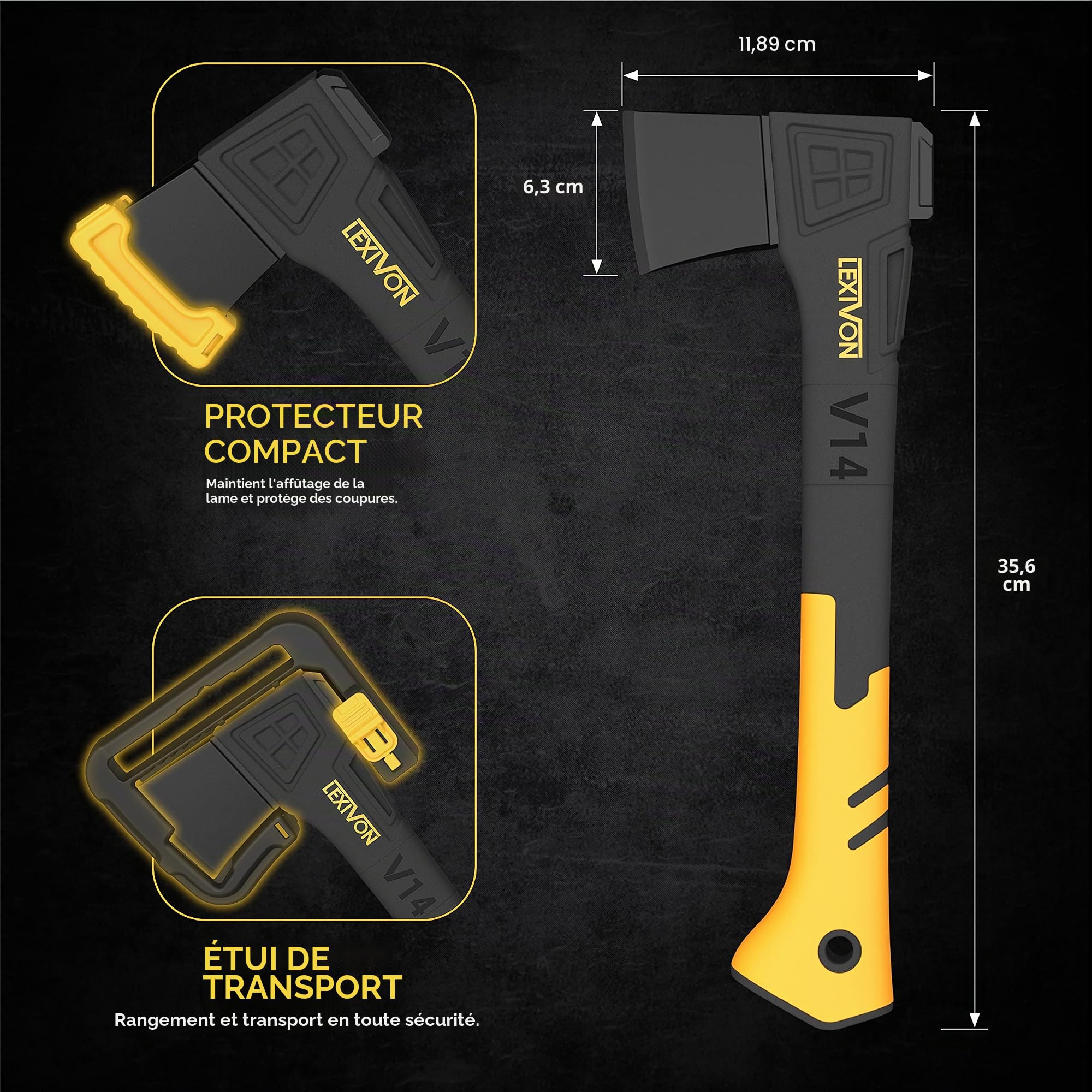 LEXIVON Hachette Bois V14 35 cm Manche Composite Fibre de Verre Grip Caoutchouc TPR Étui Transport Inclus