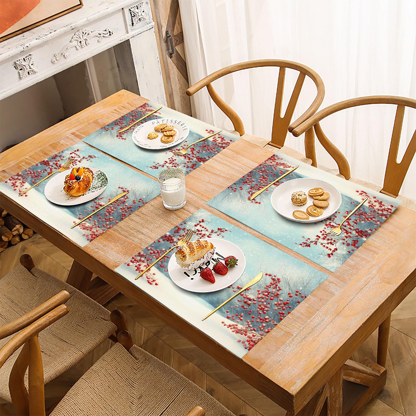 Inverno Fiocchi Di Neve Tovaglietta americana 8 pezzi in Cotone e lino 45x30 cm, Astratto Foresta Bacche Tovagliette da tavolo per colazione e merenda Antimacchia, Azzurro