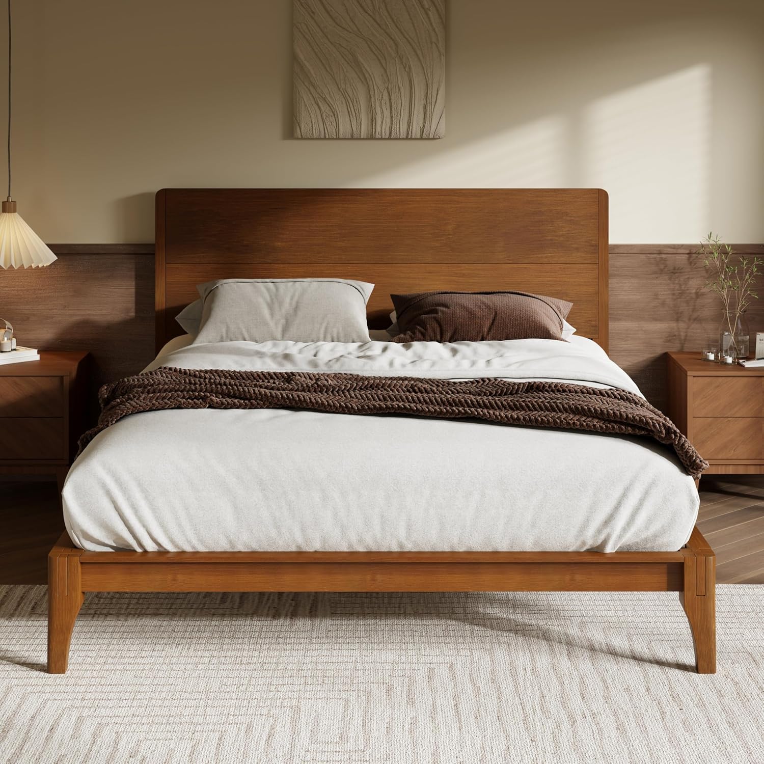 Mid-Century Modern Queen Size 12 Inch Bamboo Wood Platform Bed with Wood Slat Support,Solid Wood Platform Bed, No Box Spring Needed, Easy Tool-Free Assembly (Queen)
